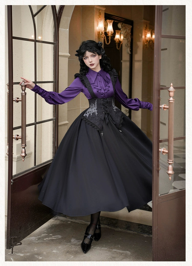 With PUJI~Thorn Night~Gothic Lolita Satin Shirt Solid Color Fake Two-Piece Blouse