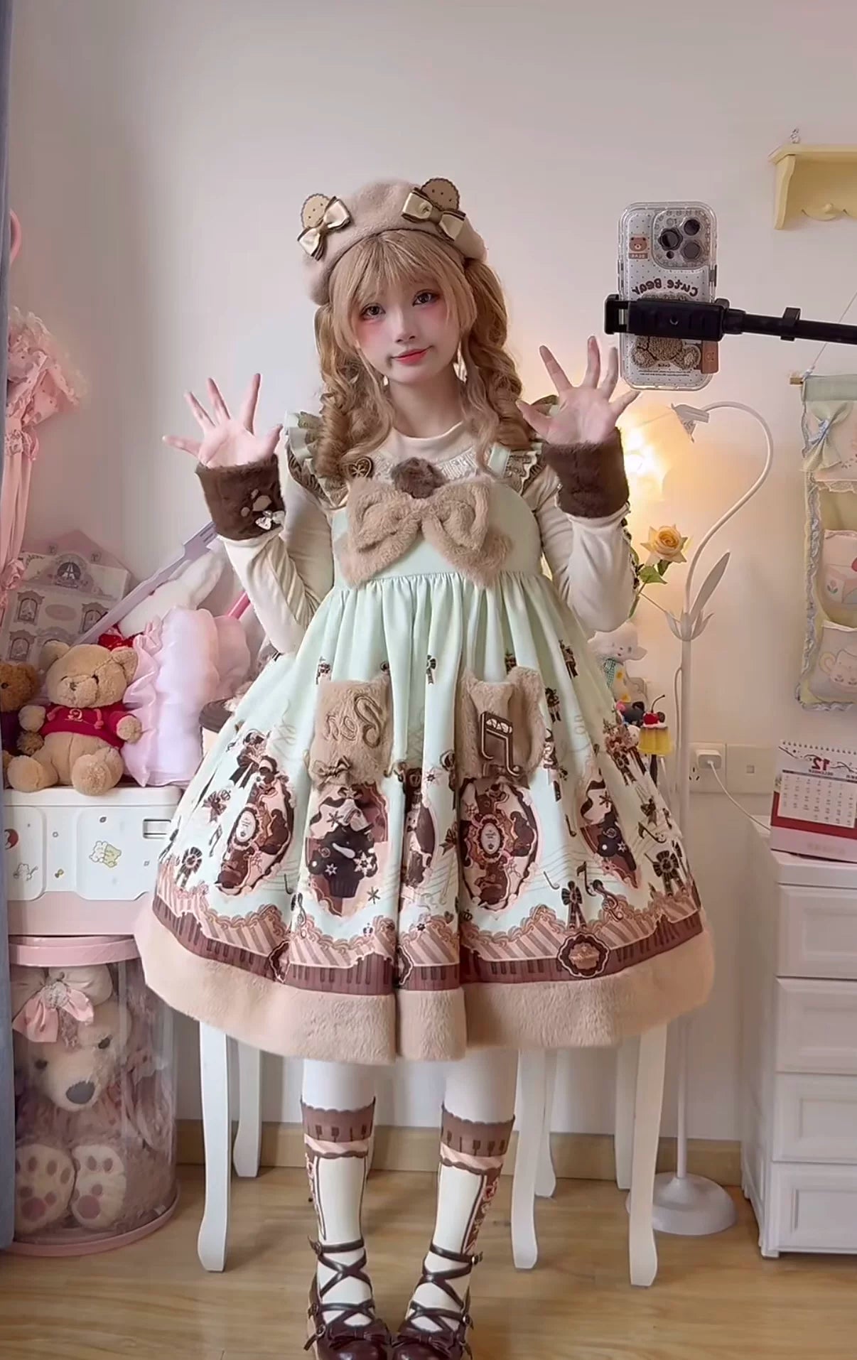 Cream Bear - Print Kawaii Lolita Fake Two-Piece OP, A-lined JSK Dress 44502:811653