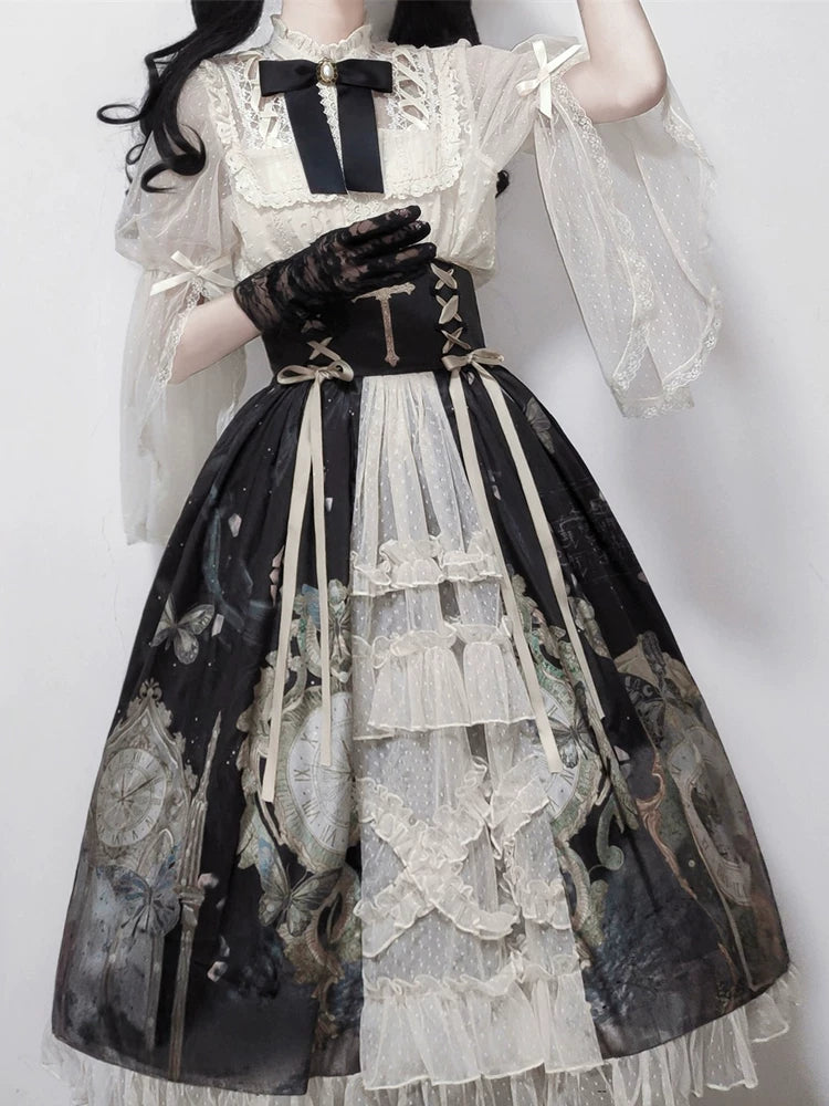 Clock Butterfly - Gothic Lolita Printed Blouse and Corset Skirt Set