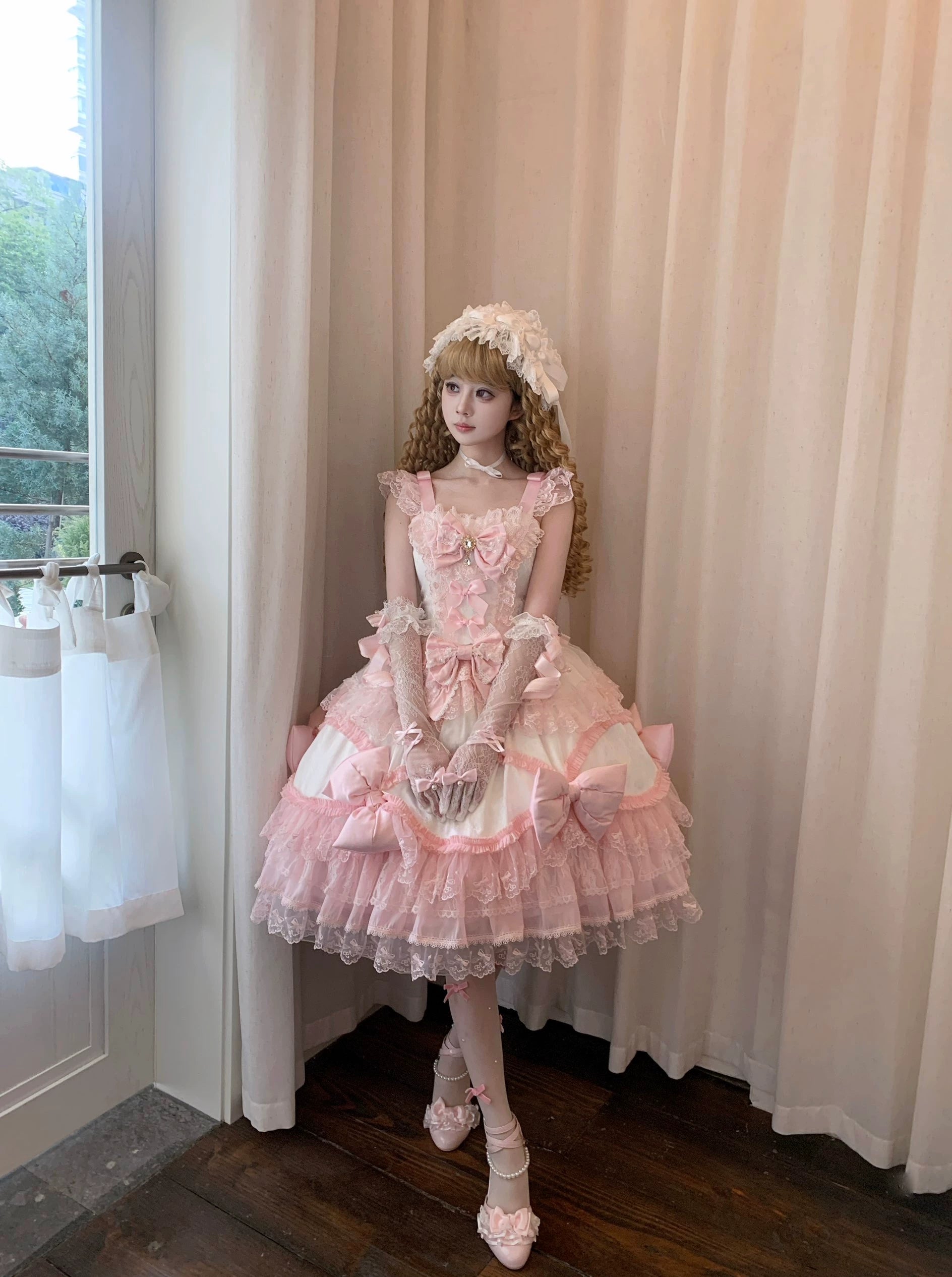 Floral Dream Isle - Sweet Lolita Doll-like JSK Dress, Bows & Lace 44705:821070