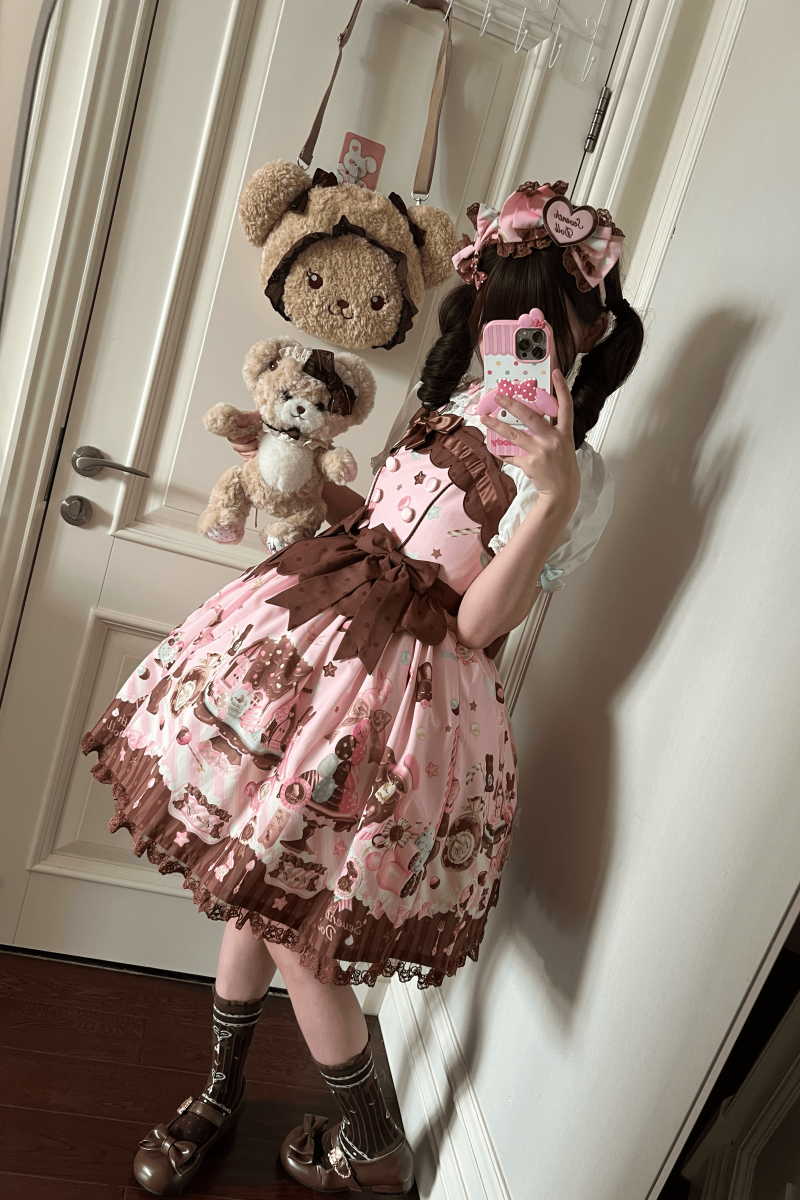 Chocolate Bunny - Printed Kawaii Lolita JSK, Short-sleeved Dress 44614:814874