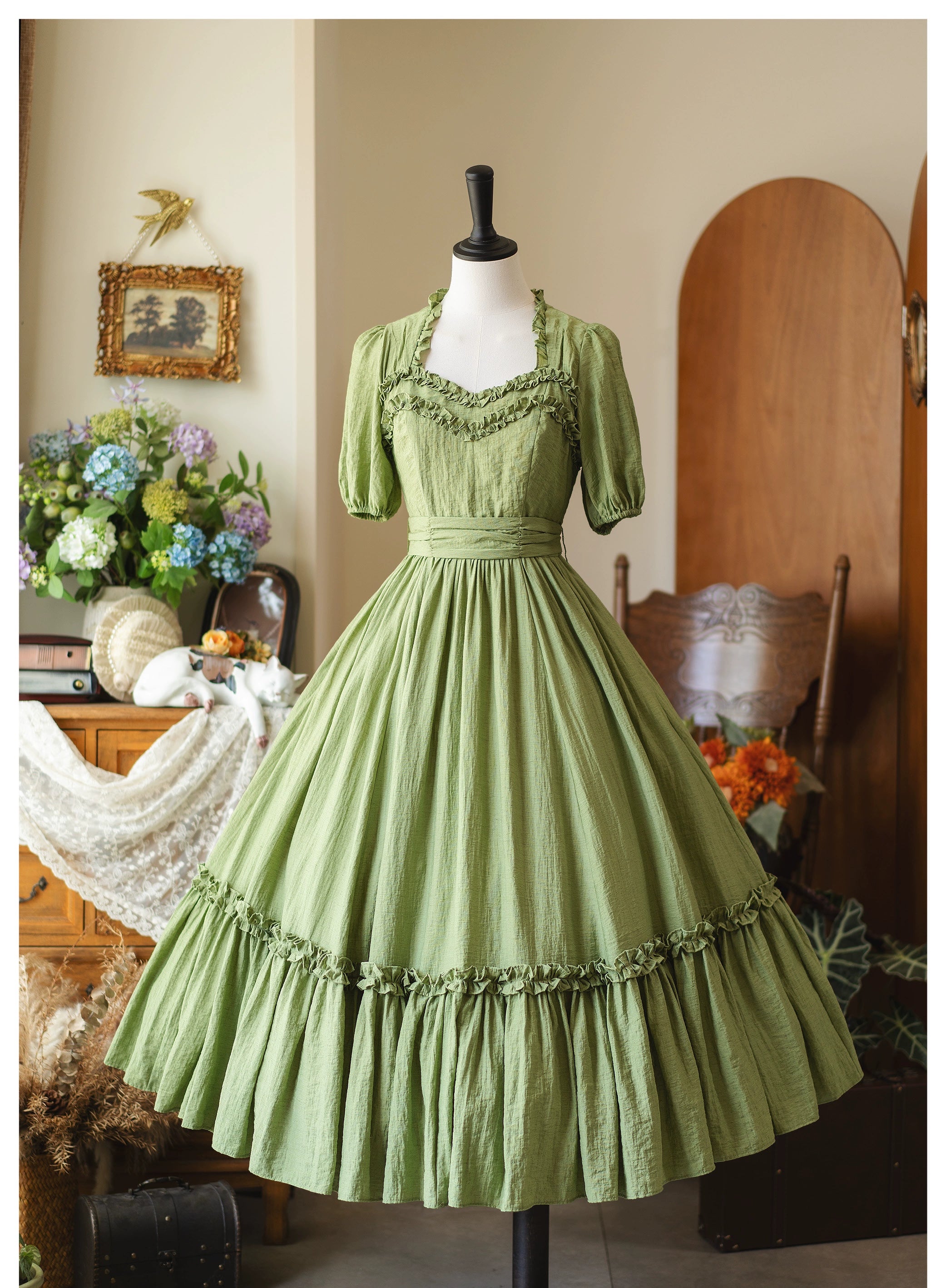 Forest Wardrobe - Forest Pastoral - Elegant Lolita Square Neck Long OP Avocado Green Dress S In Stock