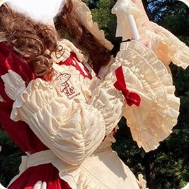 Sakurahime - Mushroom - Kawaii Lolita OP Dress with Apron and Detachable Sleeves Cuffs S