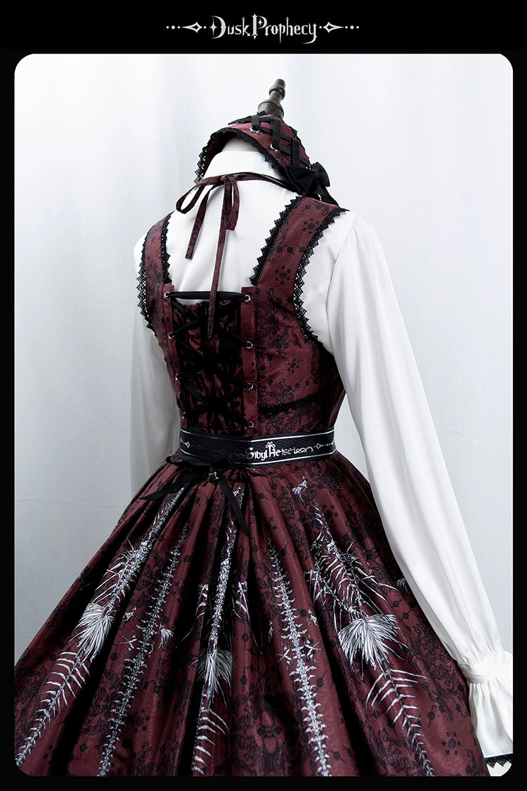 DuskProphecy - Coccyx - Elegant Lolita Dress High Waist Fishbone Print JSK Set 34722:466374