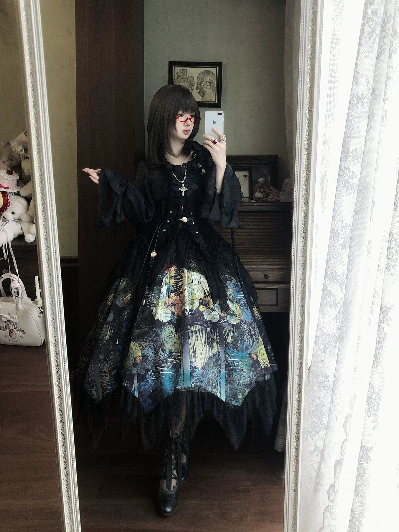 Bone Garden - Printed Gothic Lolita Skirt, Boning Corset