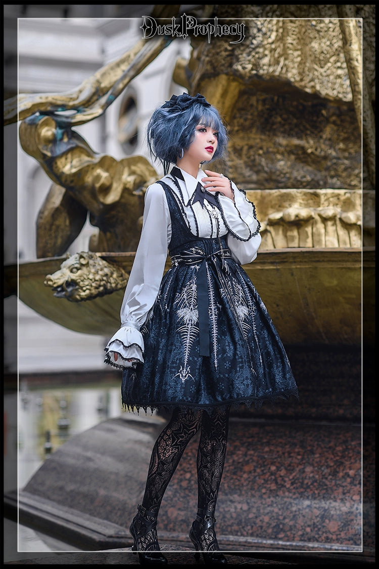 DuskProphecy - Coccyx - Elegant Lolita Dress High Waist Fishbone Print JSK Set 34722:466376
