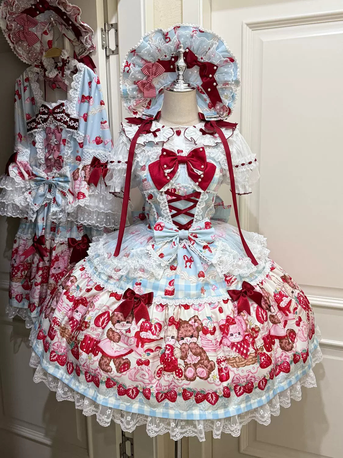 SweetBerry Bunny Bear - Sweet Lolita Tiered Lace JSK Dress, Strawberry and Bear Print Blue - JSK Only S