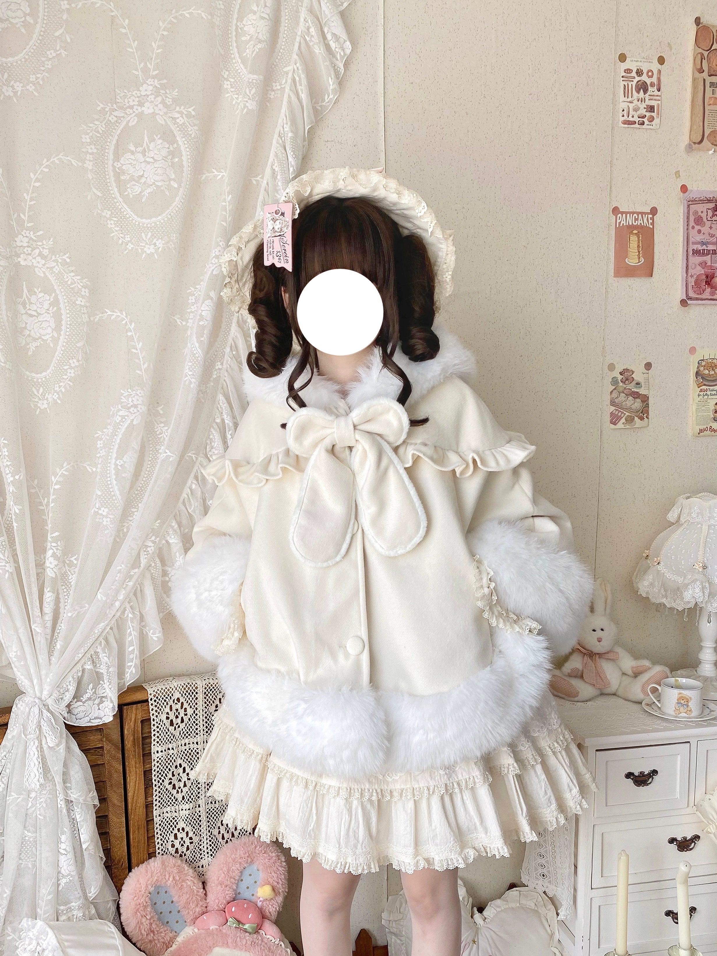 Qianmu - Lop Bunny - Kawaii Lolita Plush Hooded Cape 43850:787089