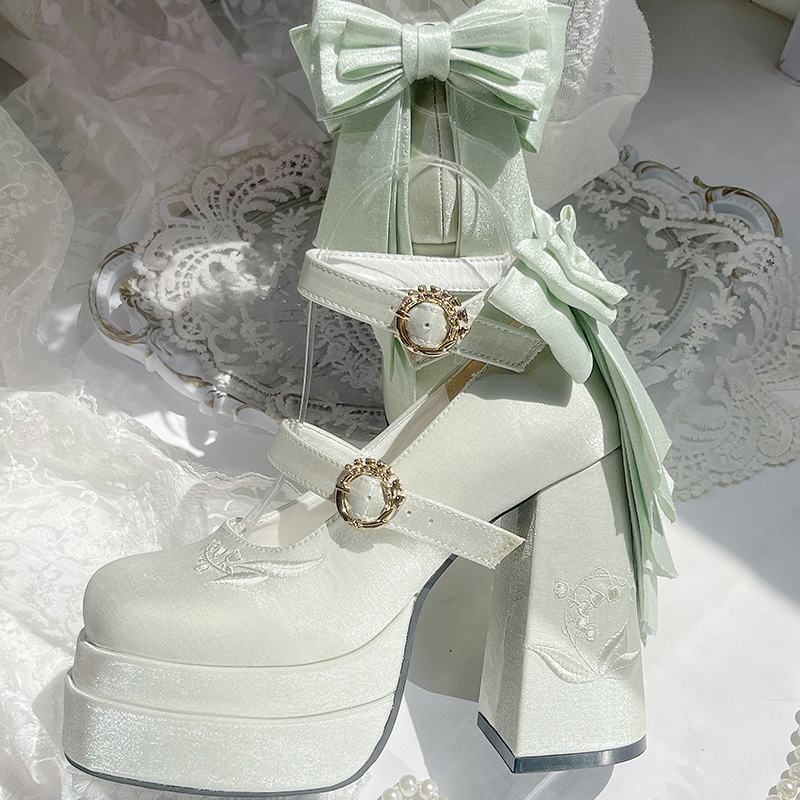 Dreamland - Floating Dream Lily - Elegant Lolita High Heel Shoes, Detachable Bow 34 Light Green