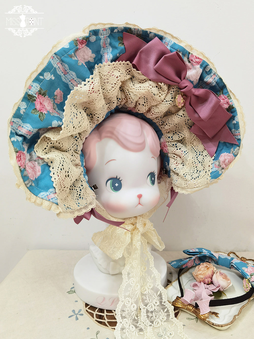 Miss Point - Lilyka Garden - Classic Lolita Headdress and Necklace Brooch Bow Trailing BNT - Blue Flower Wall
