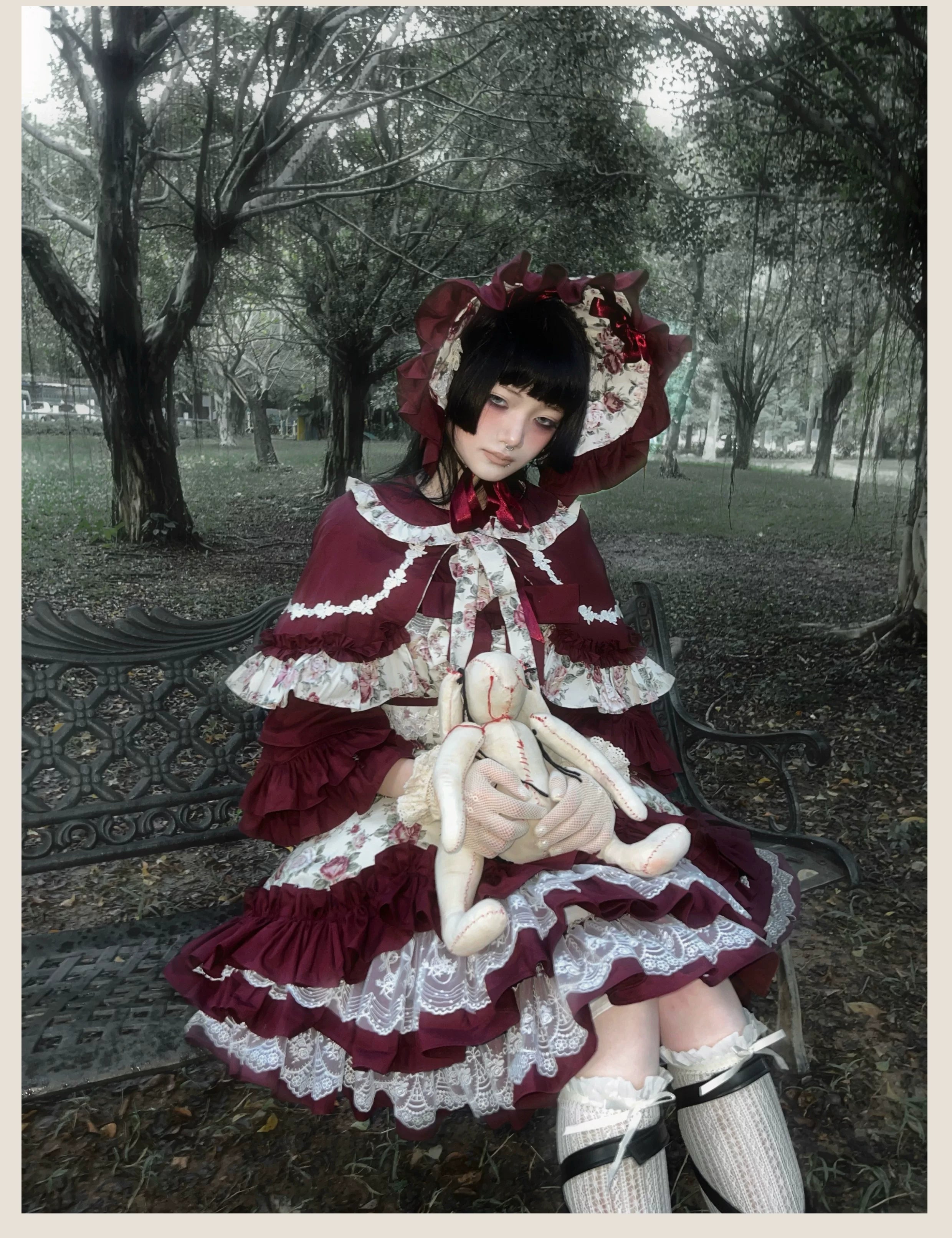 Burgundy Rose - Floral Printed Old School Lolita JSK, Elegant Cape