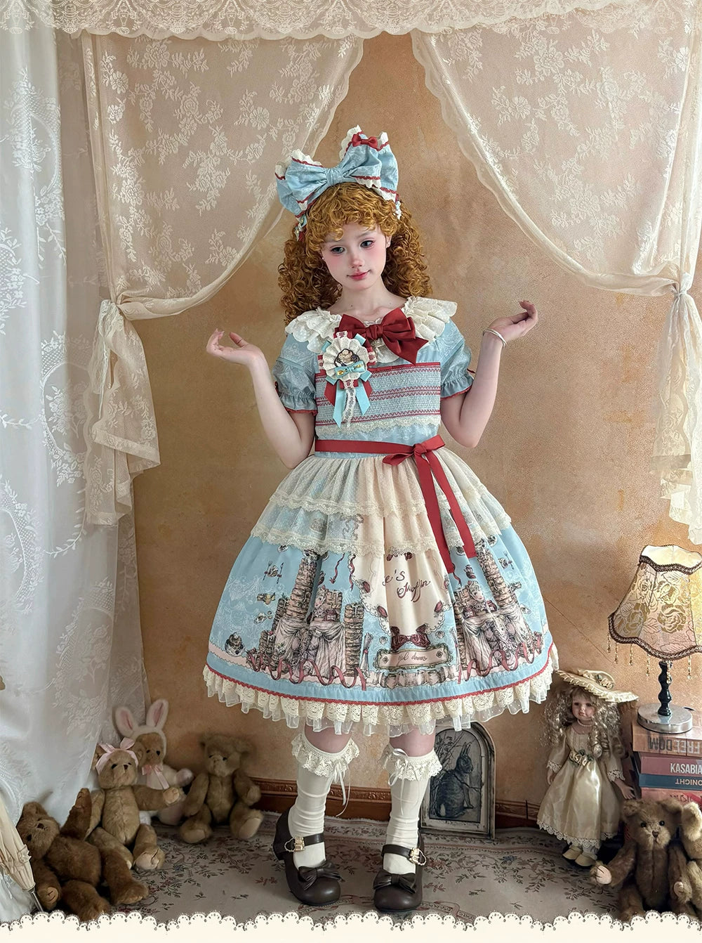 Pancake Postman - Kawaii Lolita Printed OP & Salopette Dress, Lace & Bows