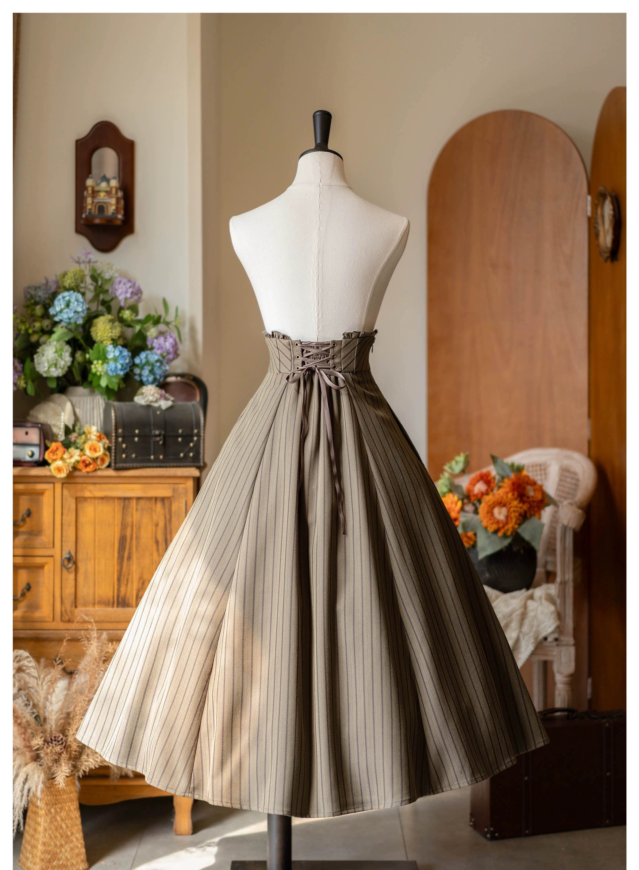 Forest Log - Classic Lolita Fishbone Striped Skirt, Side Pockets