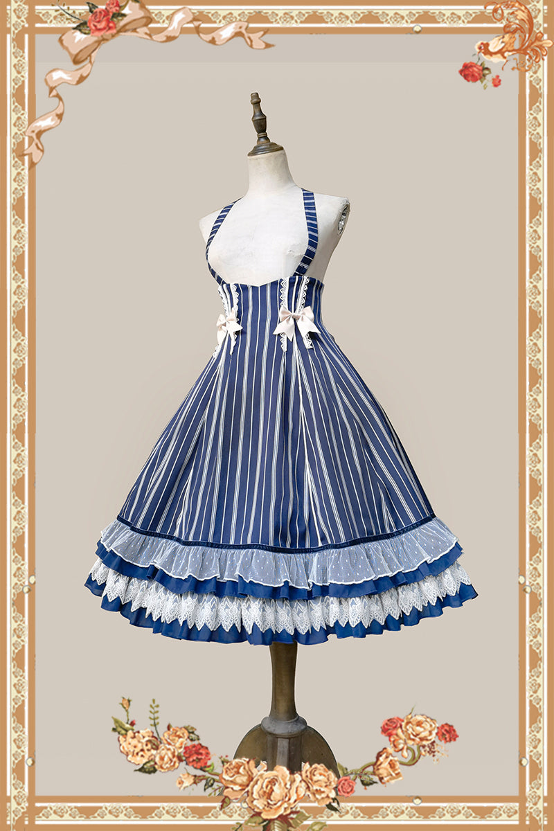 Infanta - Elegant Lolita Stripe High-waist Jumper Dress Set and Cape S dark-blue stripe high-waist JSK