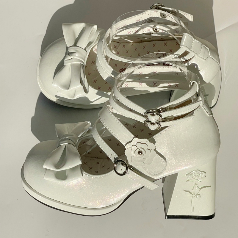 Dreamland - Whispers of the Rose - Daily Lolita Platform Heels Shoes with Relief Rose Moon White (back heel height: 7 cm) 34