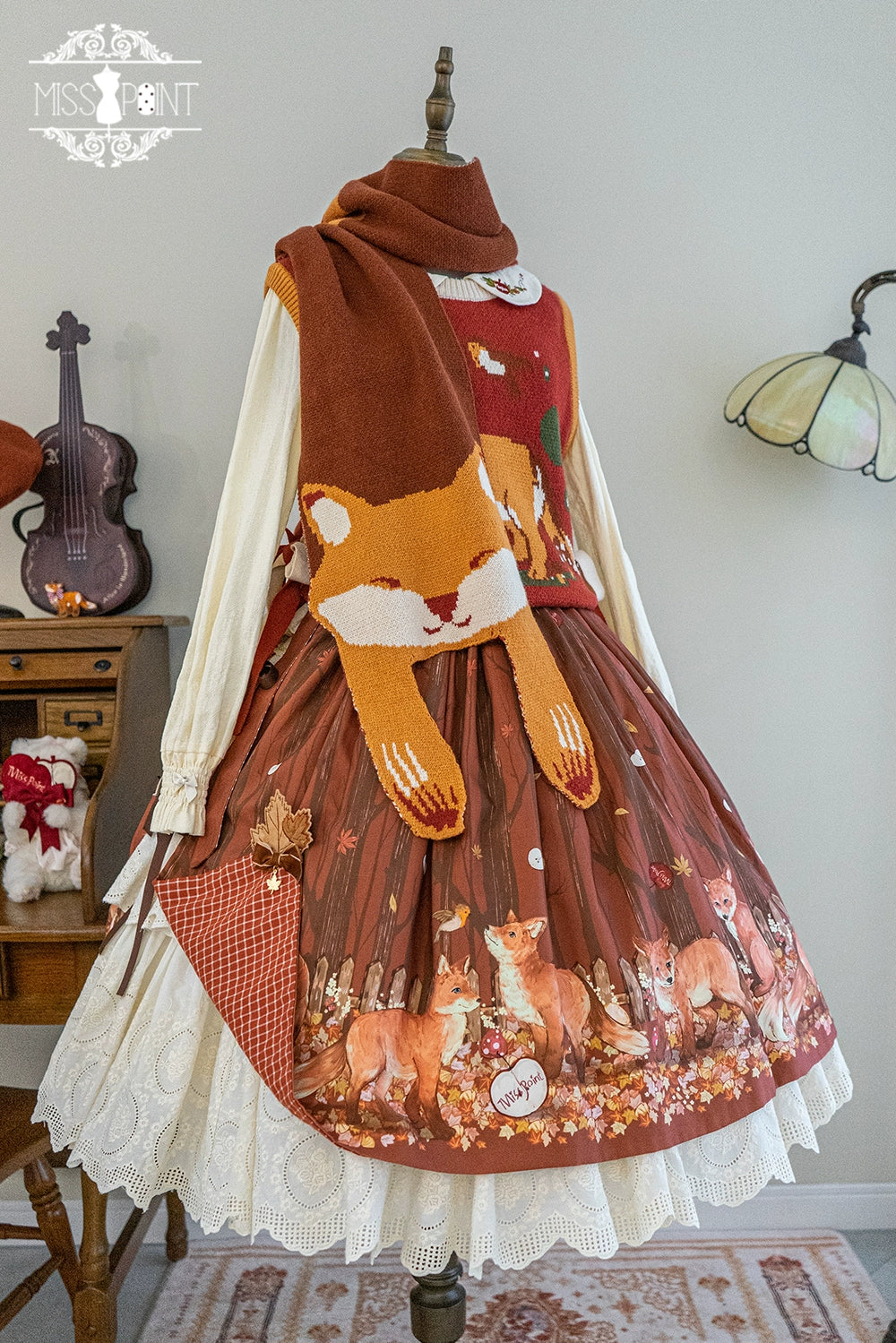 (BFM)Miss Point~Fat Fox in the Forest~Kawaii Lolita Accessories Knitted Fox Scarf Embroidered Faux Collar 37116:551822