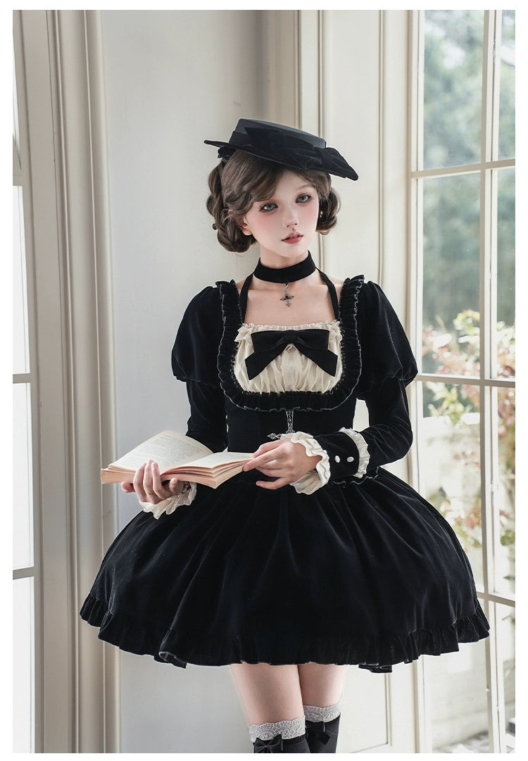 With PUJI - Apocalypse - Gothic Lolita Velvet OP Dress Set, Fishbone Waist 44128:797112