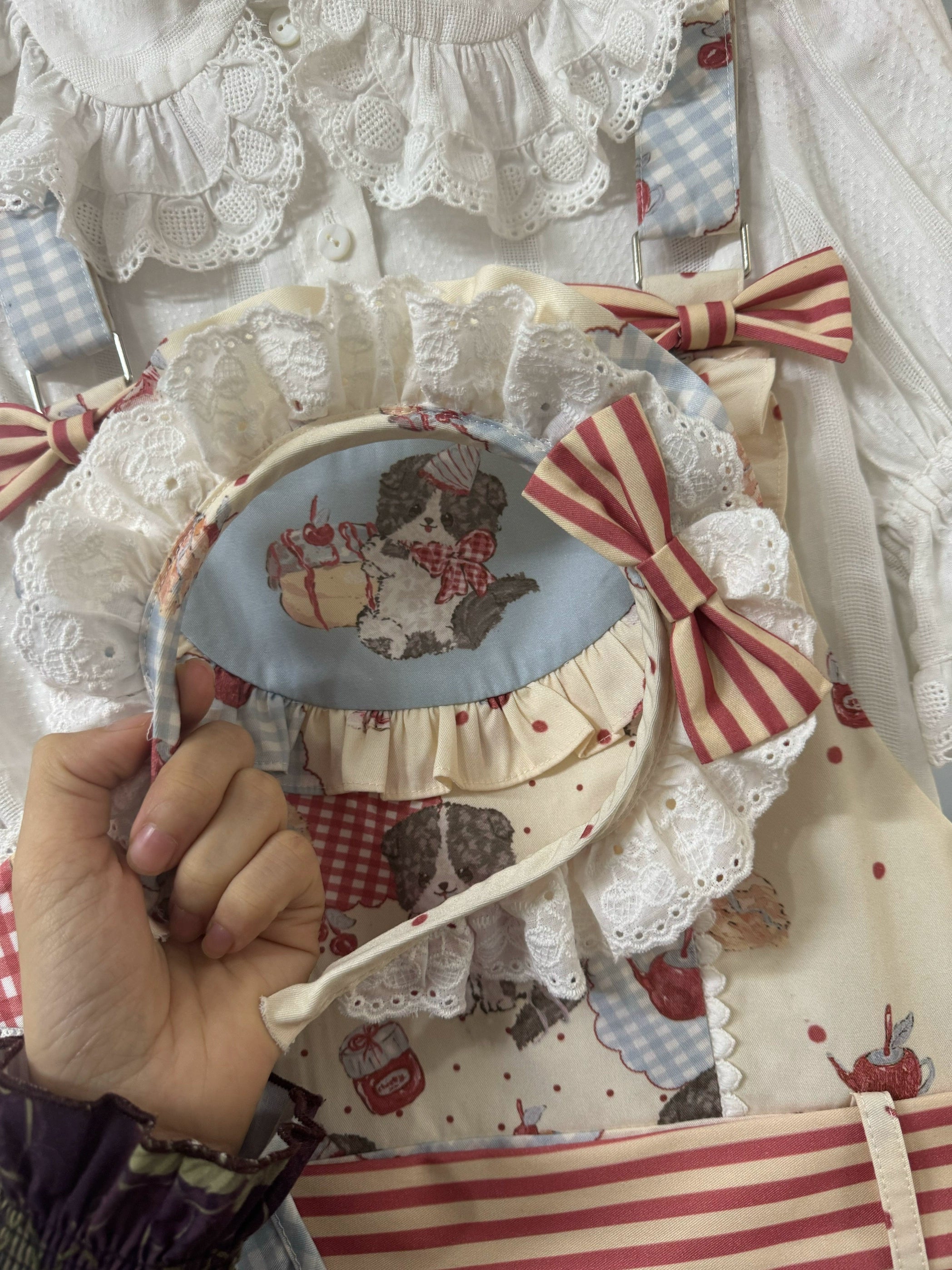 Akiyama Future Studio - Border Collie Cherry - Kawaii Lolita Salopette Cherry Print Dress S Headband Only