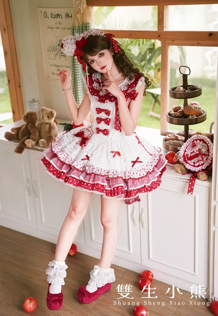 Shuang Sheng Xiao Xiong - Bite The Cake - Sweet Lolita Dress, Red & White Polka Dots 43600:780694