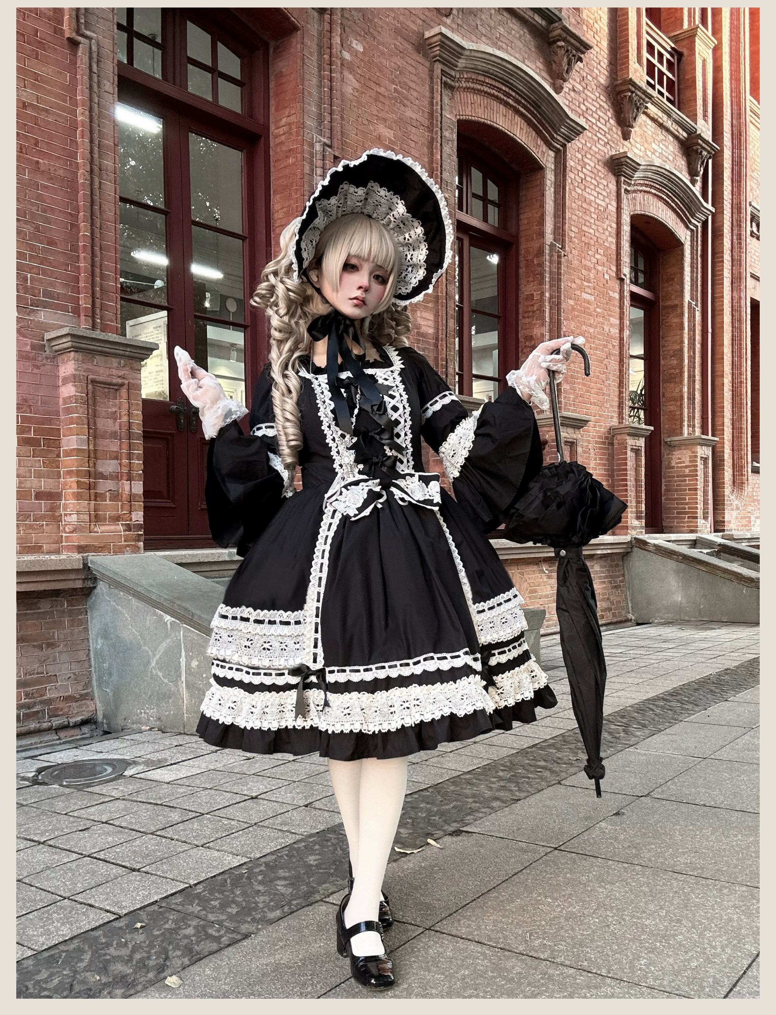 First Otome - Black Old School Lolita OP Dress, Lace Details 44645:816968