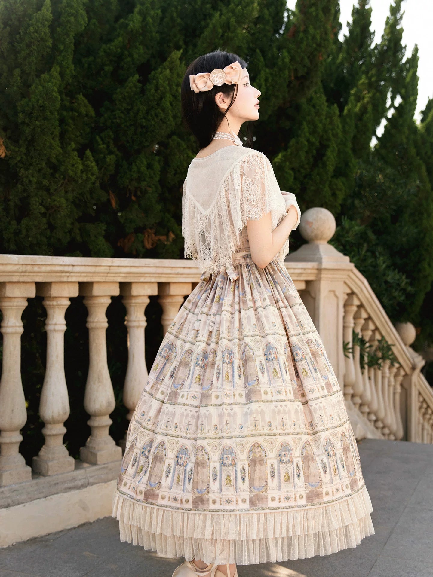 Reims Cathedral - Printed Classic Lolita Dress, Detachable Gauze Outlayer 44701:819208