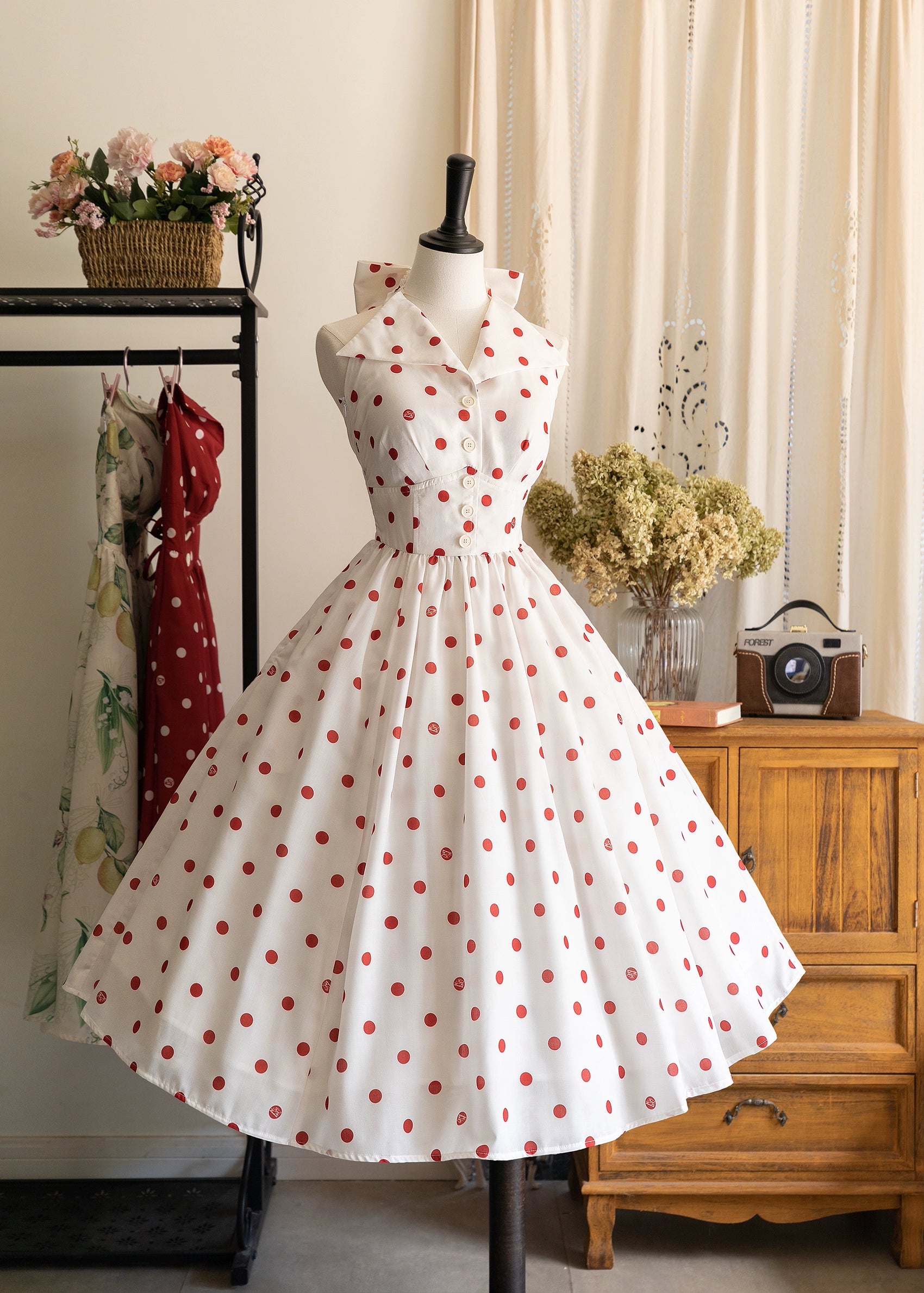 Forest Wardrobe - Afternoon Forest - Vintage Lolita Dress Halter Neck Open Back S White polka dots