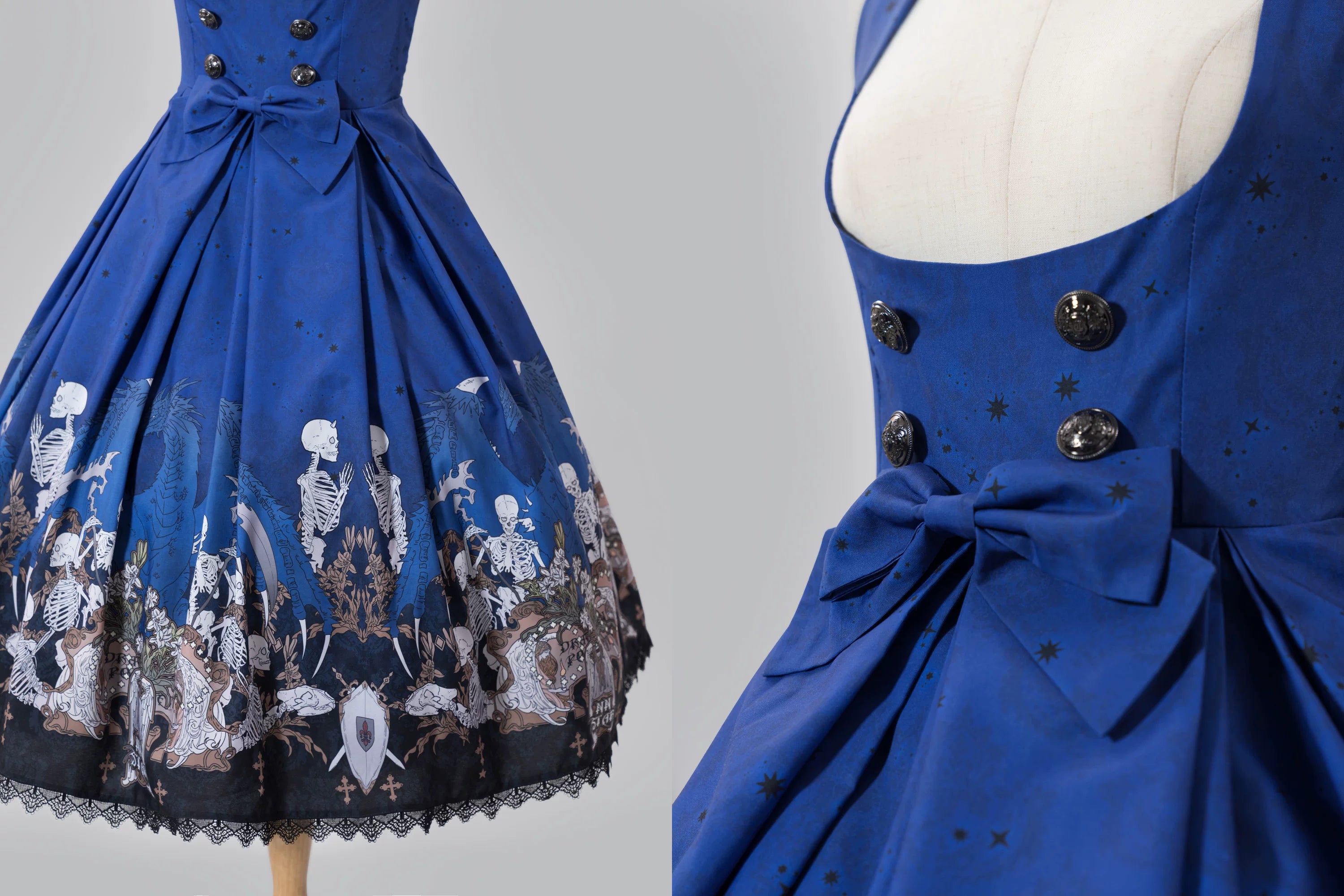 Dragon Bone Lily - Vintage Gothic Lolita Dragon & Skeleton Print JSK Dress