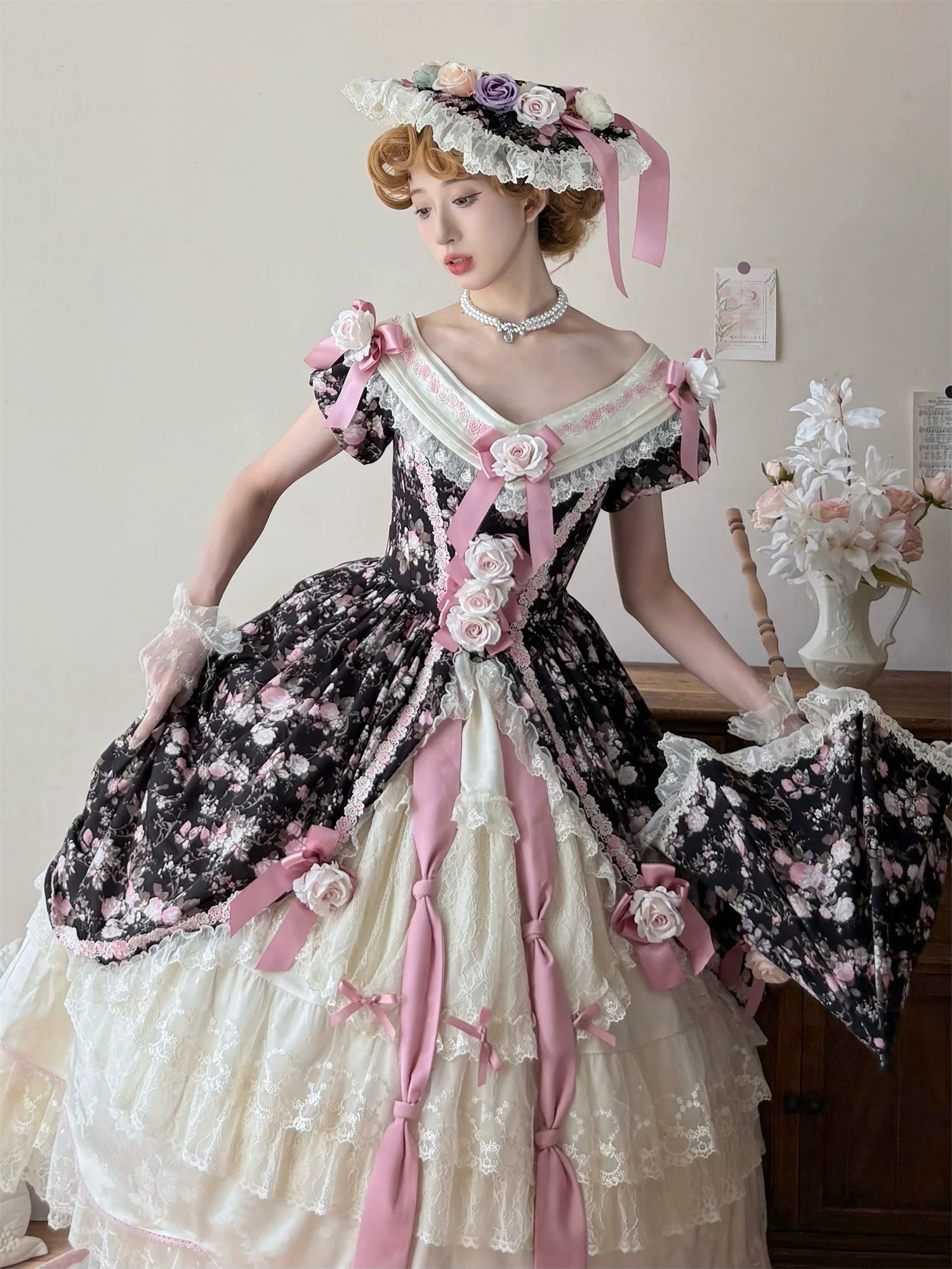 Dolota Flower Wall - Classic Lolita Floral OP Dress, Open Shoulder 44485:811083