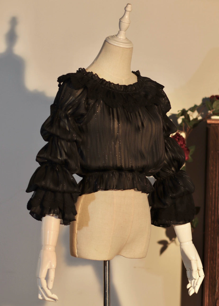 Airfreeing - Wendy - Elegant Lolita Blouse Chiffon Off-Shoulder Virago Sleeve Blouse M black