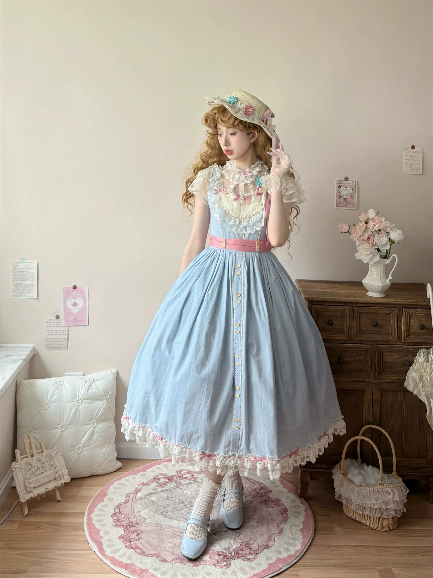 Uncle's Workshop - Fluttering Cherry Spring Strings - Cotton Sweet Lolita JSK Dress Long - Blue - JSK Only (dress+waist tie) S