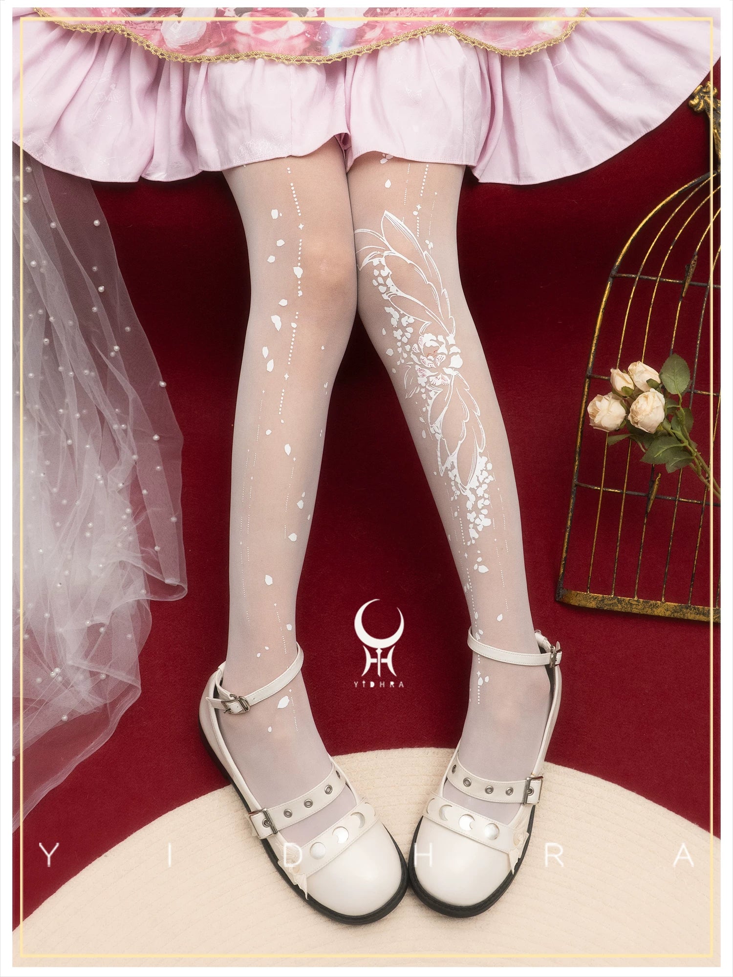 Thousand Crane Herb - Asymmetric Floral Print Lolita Pantyhose