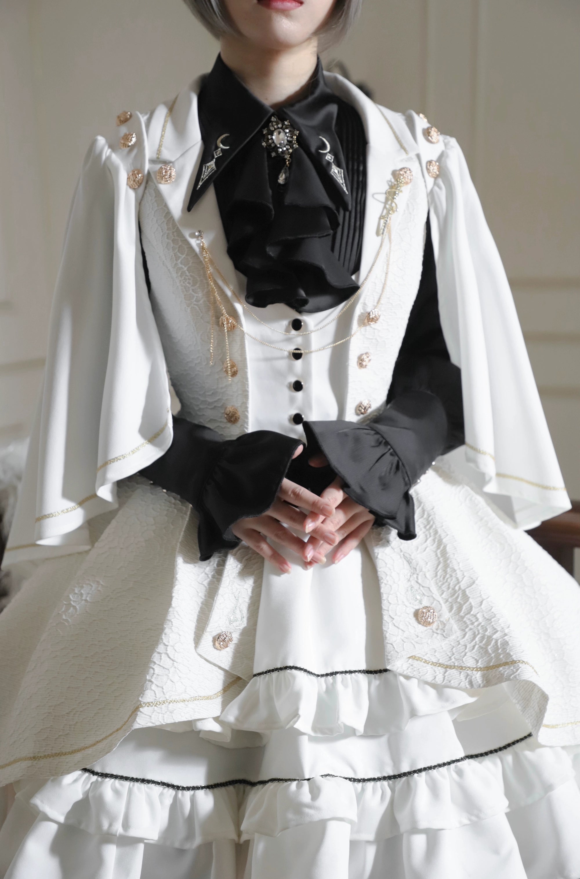 SilentMars - Fallen Moon Rule - Military Lolita Shirt Set Retro Knight Style Blouse All white - vest style coat with a brooch S