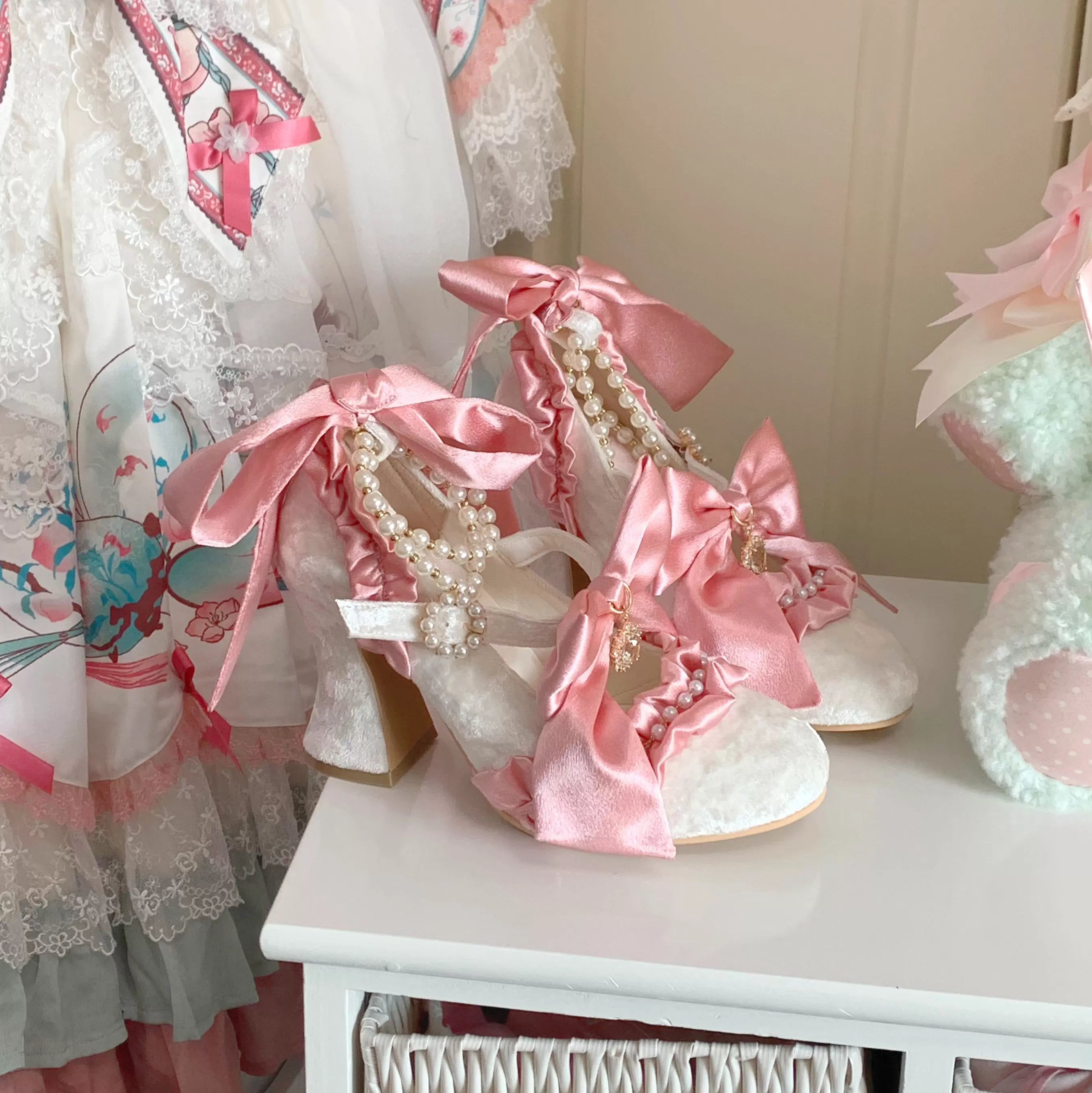 Ribbon Anthem - Wedding Classic Lolita Heels, Detachable Bow & Pearl Ribbon 44844:825882