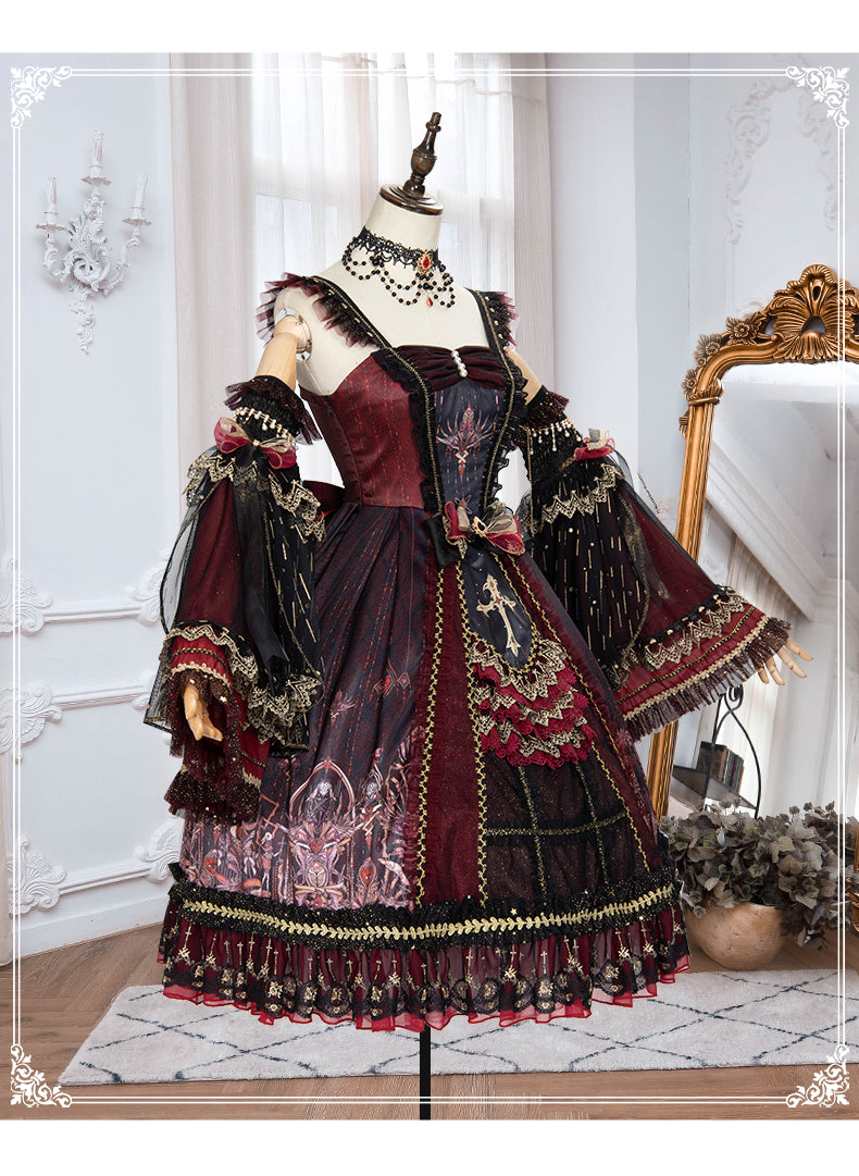 YingLuoFu - Black Red Retro Palace Elgant Classical Lolita JSK