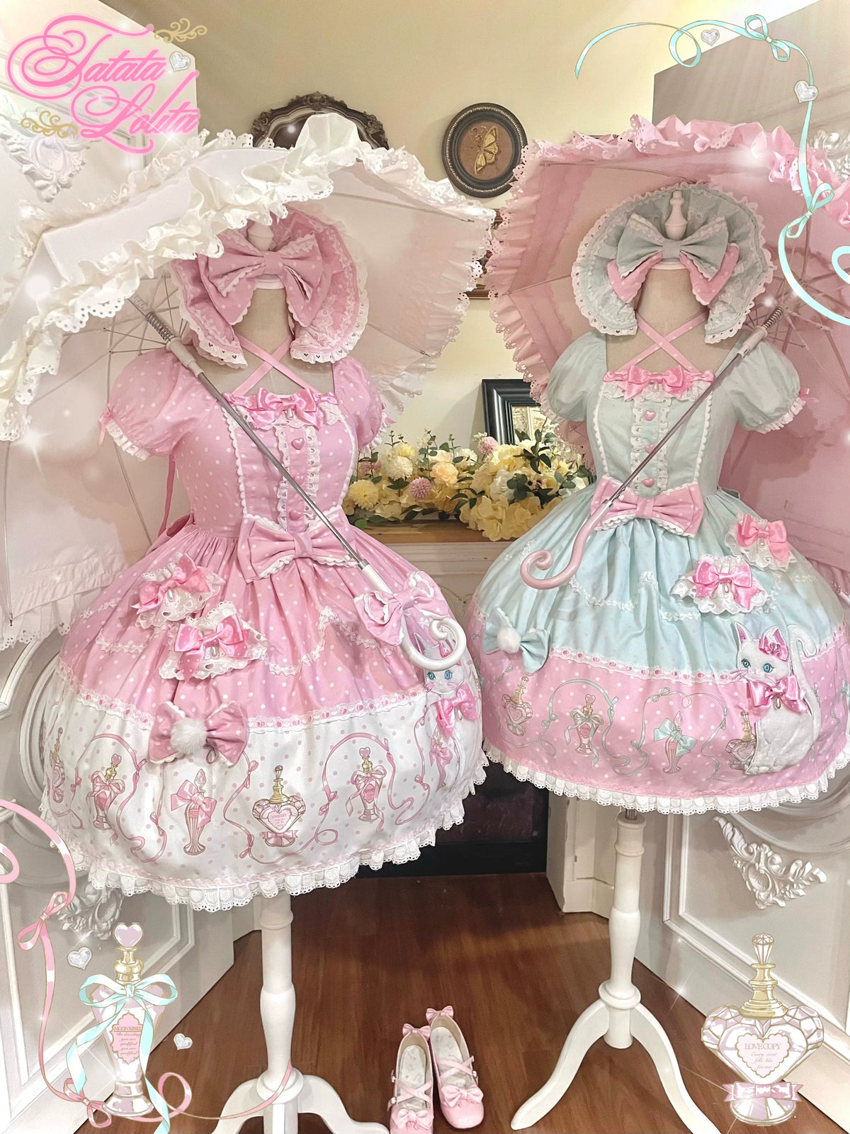 Perfume Kitty - Cotton Old School Lolita OP Dress, Perfume Print & Cat Patch 46037:873493