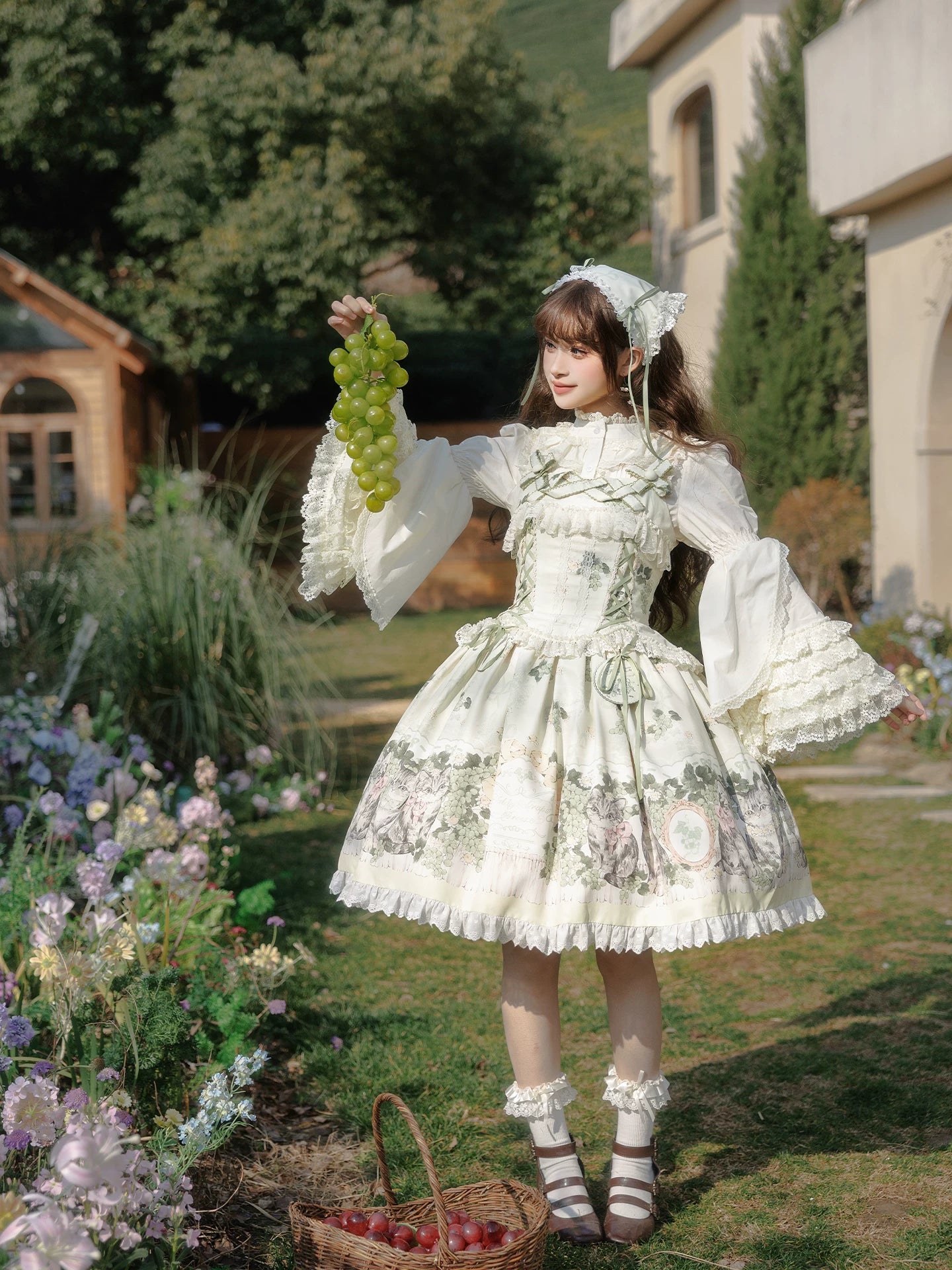 Grape Garden Cat - Classic Lolita Printed JSK Dress, Short Sleeve OP