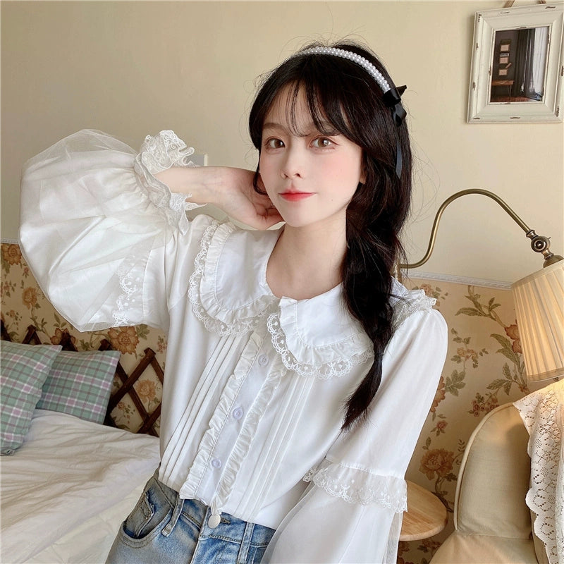 Sugar Girl - Sweet Lolita Shirt White Doll Collar Shirt Long sleeve white shirt One Size