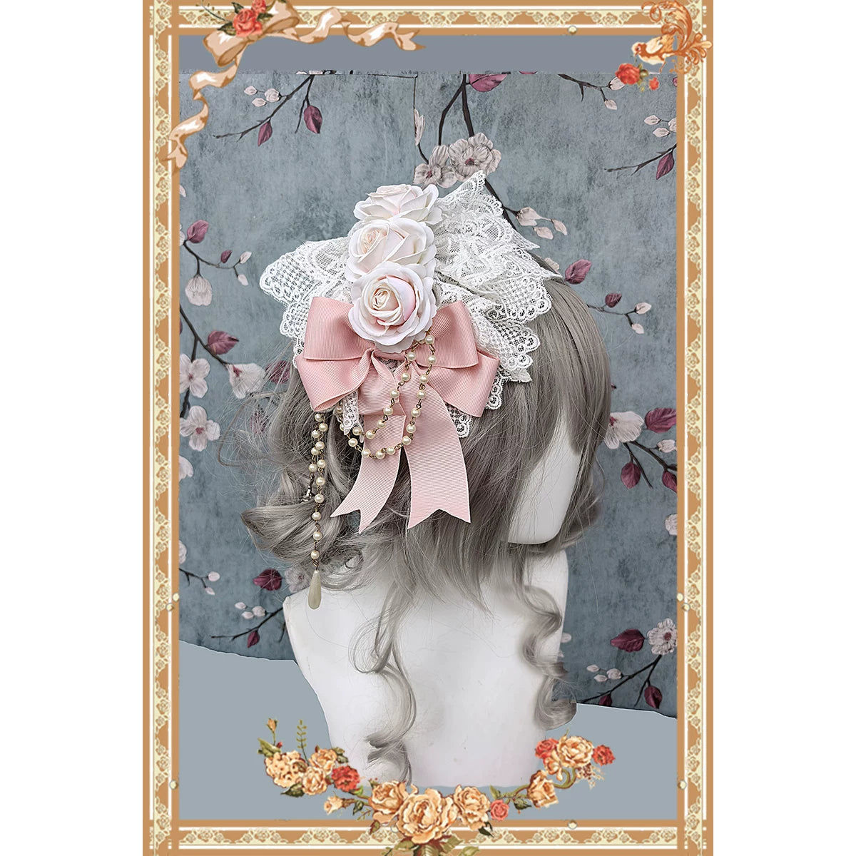Elegant Lolita Hanamaru Hair Clip, Rose Bow & Pearl-like Chain 46096:874843