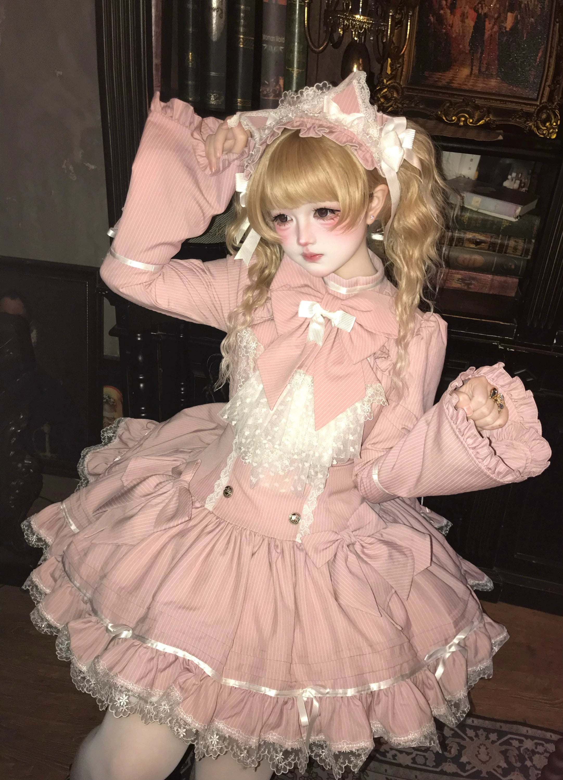 Phantom Kitty - Old School Lolita Low Waist OP Dress, Lace & Bow