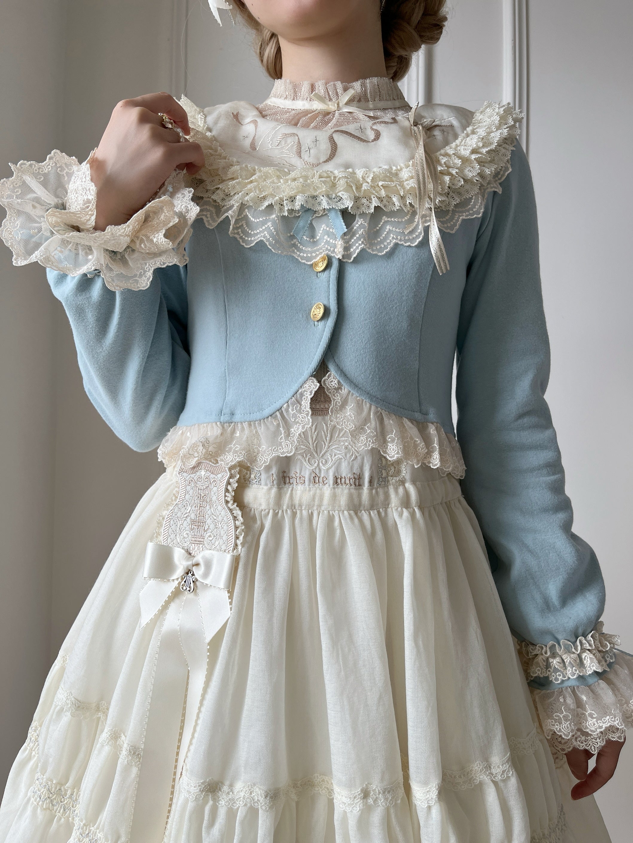 Unideer - Prelude - Elegant Lolita Bolero Jacket with Lace Ruffle Frill Gray-blue bolero jacket only S