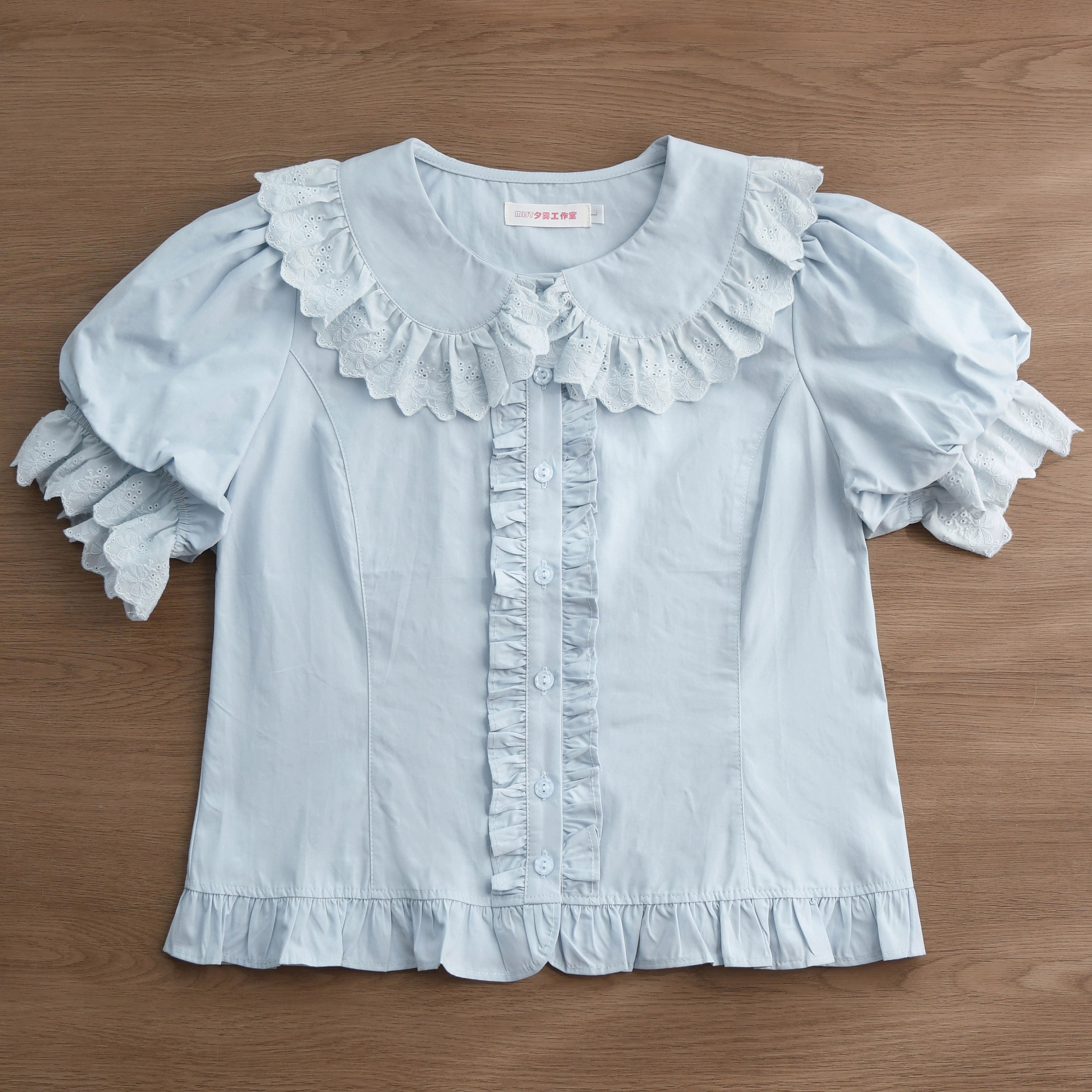 MIST - Cotton Kawaii Lolita Blouse, Short Sleeve Light Blue S