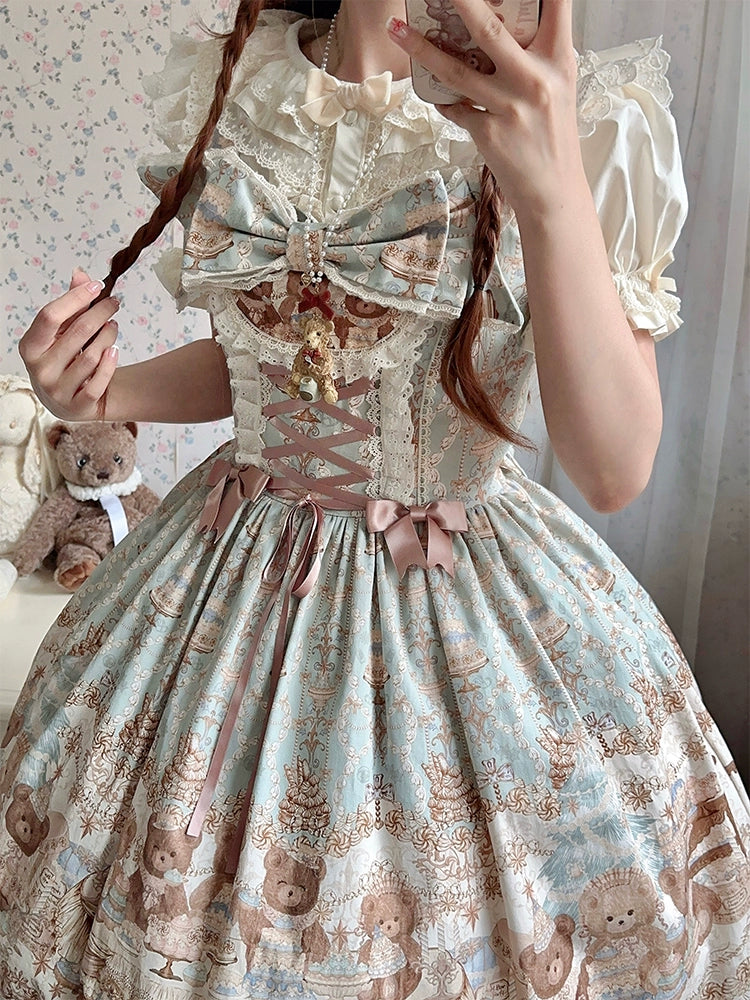 Wendy's Wardrobe - Macaron Bear - Cotton Kawaii Lolita Dress Suit, Bear & Dessert Print