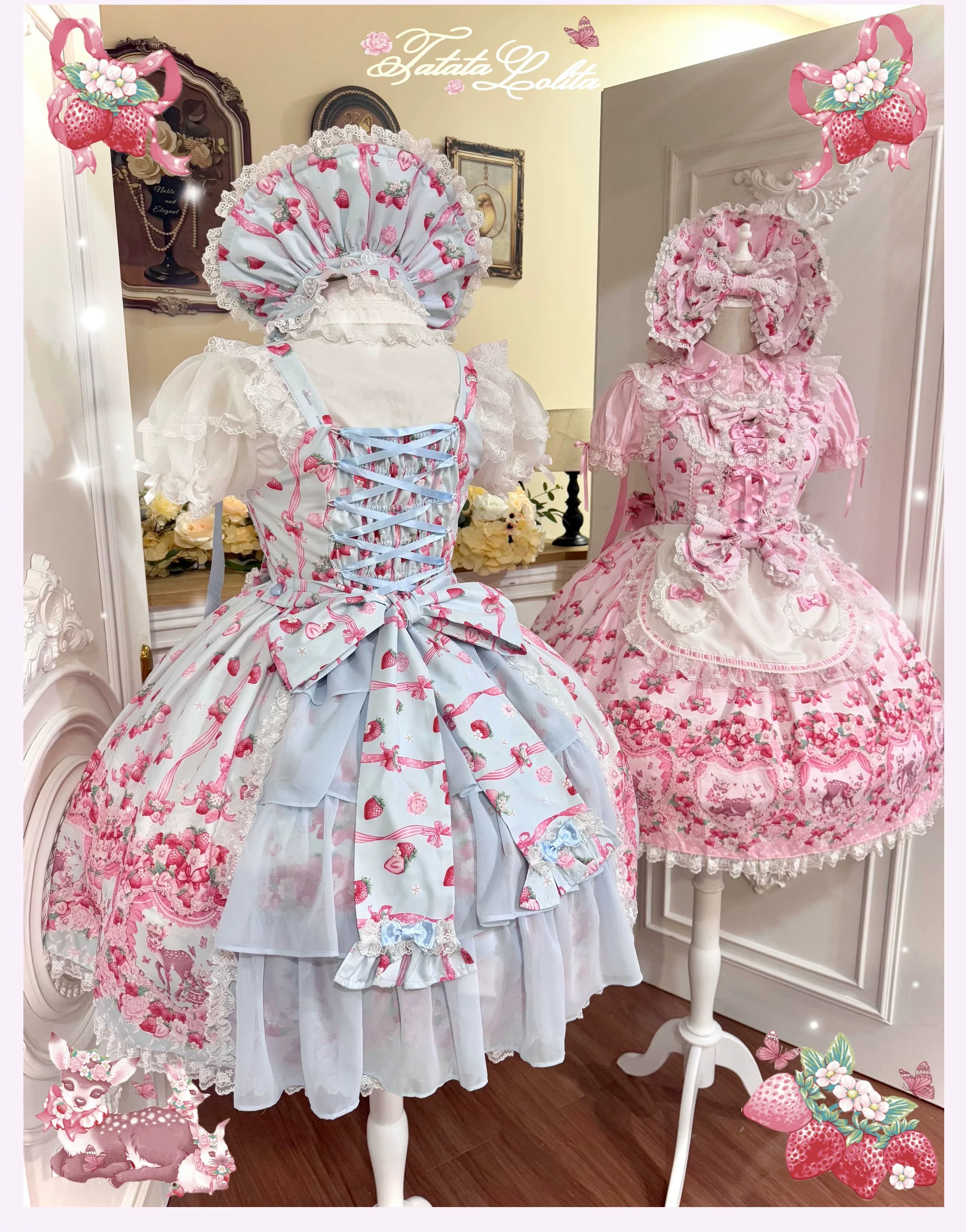 Deer Strawberry Garden - Old School Lolita Deer & Strawberry Printed JSK Dress 45681:860581