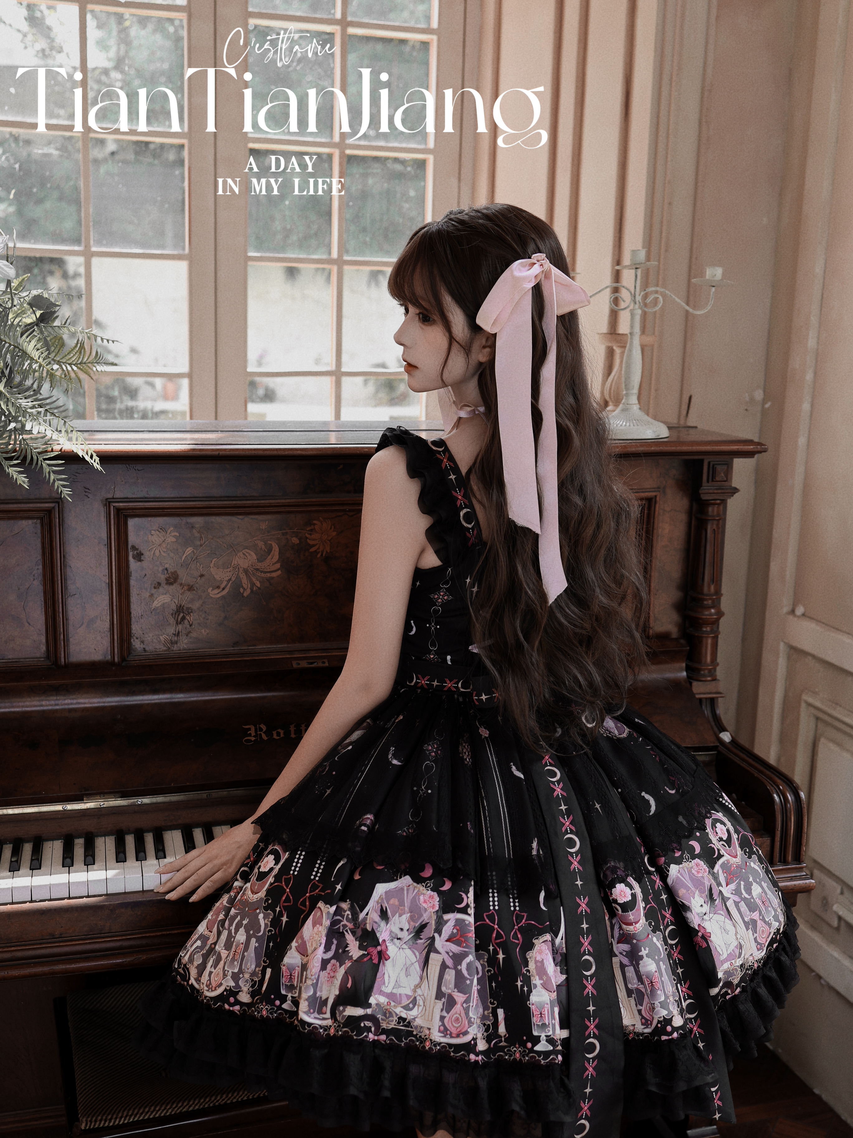 Lunar Cat Crown - Sweet Lolita Black JSK Dress, Angel Cat and Moon Print 45686:858728