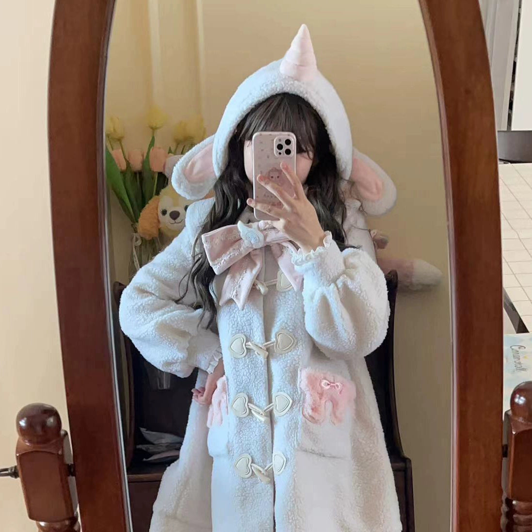 Forest Fluorescent Carps - Sweet Lolita Winter Coat Unicorn and Rabbit Ear Coat White Big Horn Coat Only S In stock