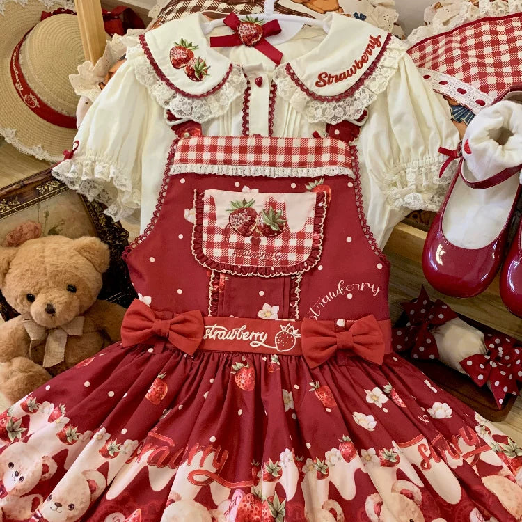Velvet Strawberry - Sweet Lolita Salopette Dress, Bear & Strawberry Print Red Salopette Only S