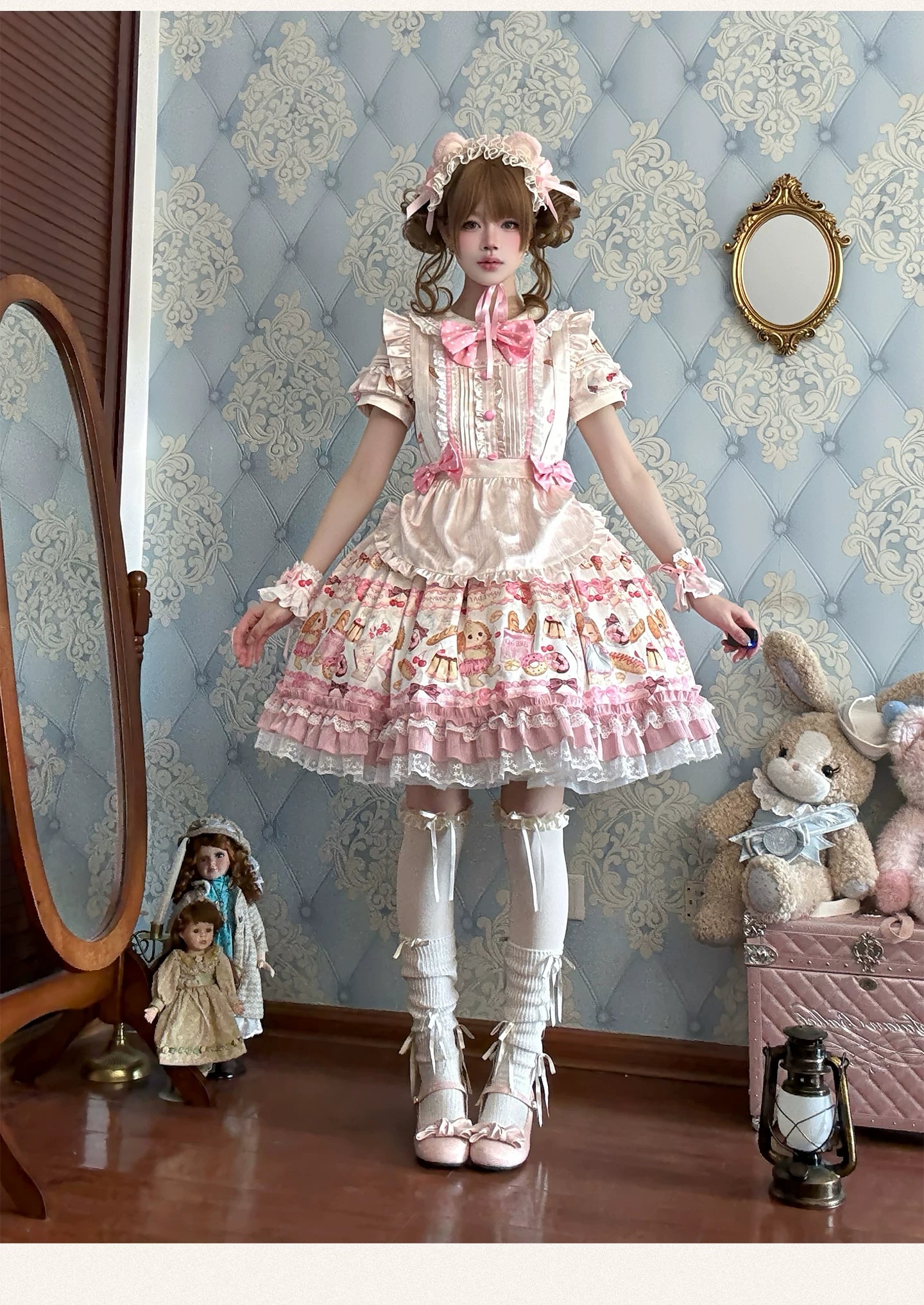 Full Sugar Bakery - Sweet Lolita Puppy Dessert Print OP Dress with Bows 5-piece Set (OP + apron + hairband + KC+ cuffs) S