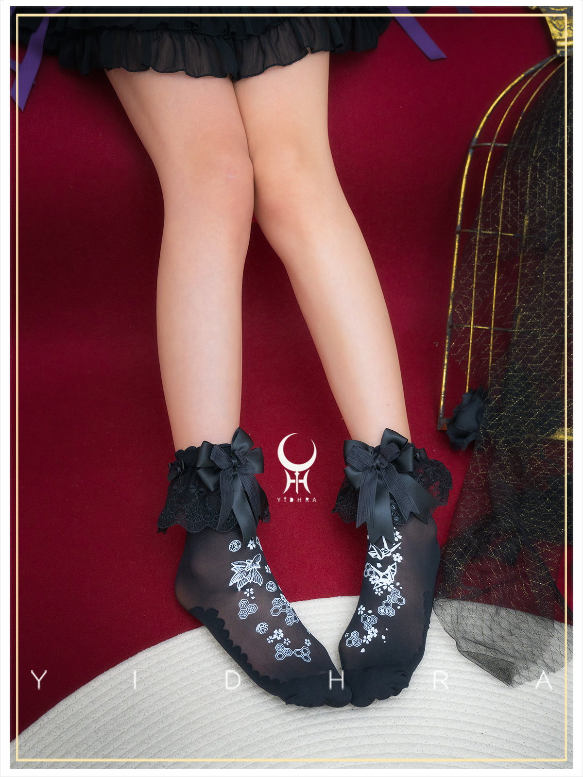 Yidhra - Origami Sakura - Lolita Short Socks with Detachable Ankle Bands Black (with detachable ankle bands)