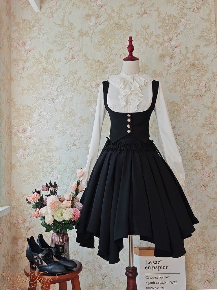 Sentaro - Pleated Irregular Knit Floral Slim Fit Vest and Half Skirt Set Vest S Black