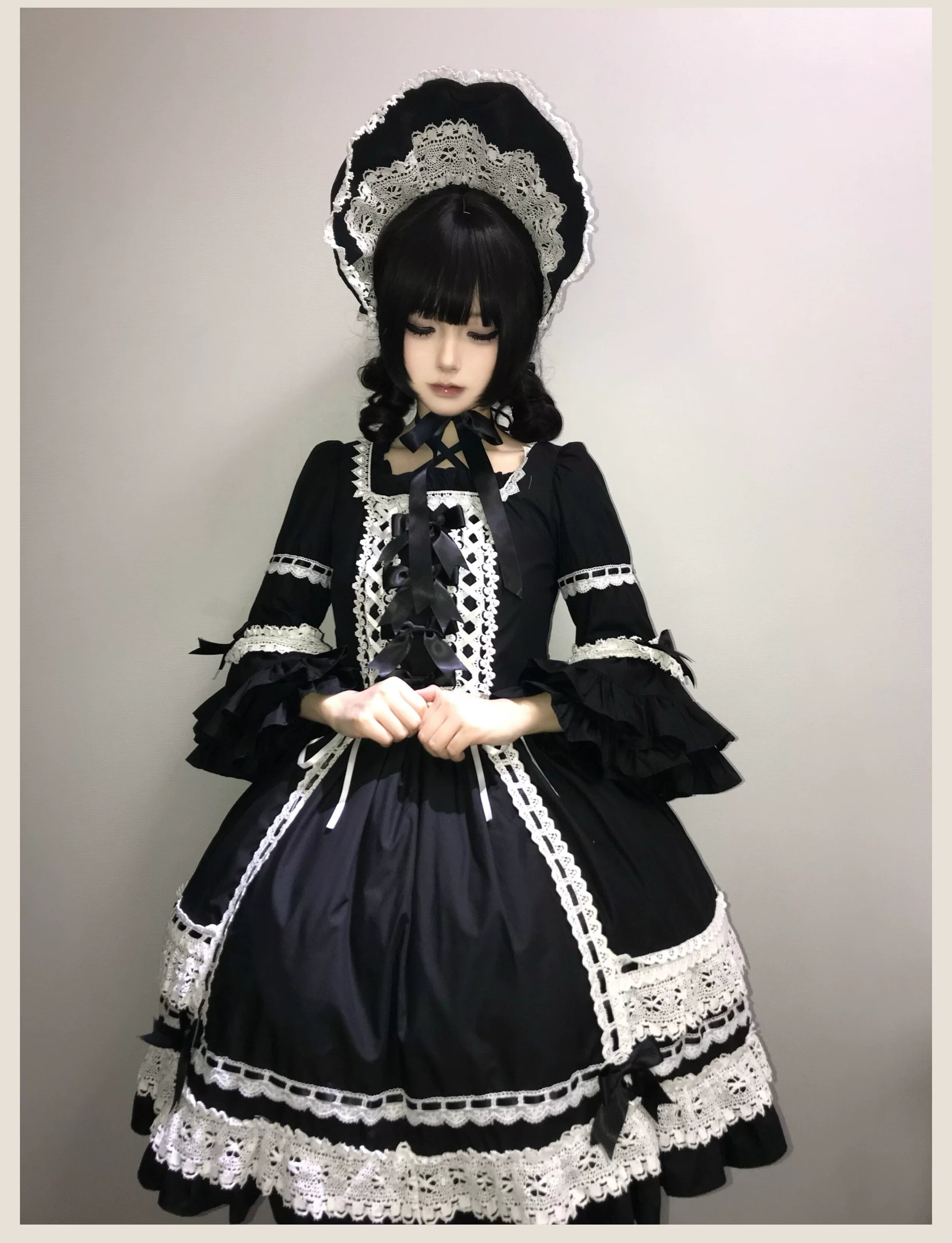 First Otome - Black Old School Lolita OP Dress, Lace Details (L M S) 44645:825280